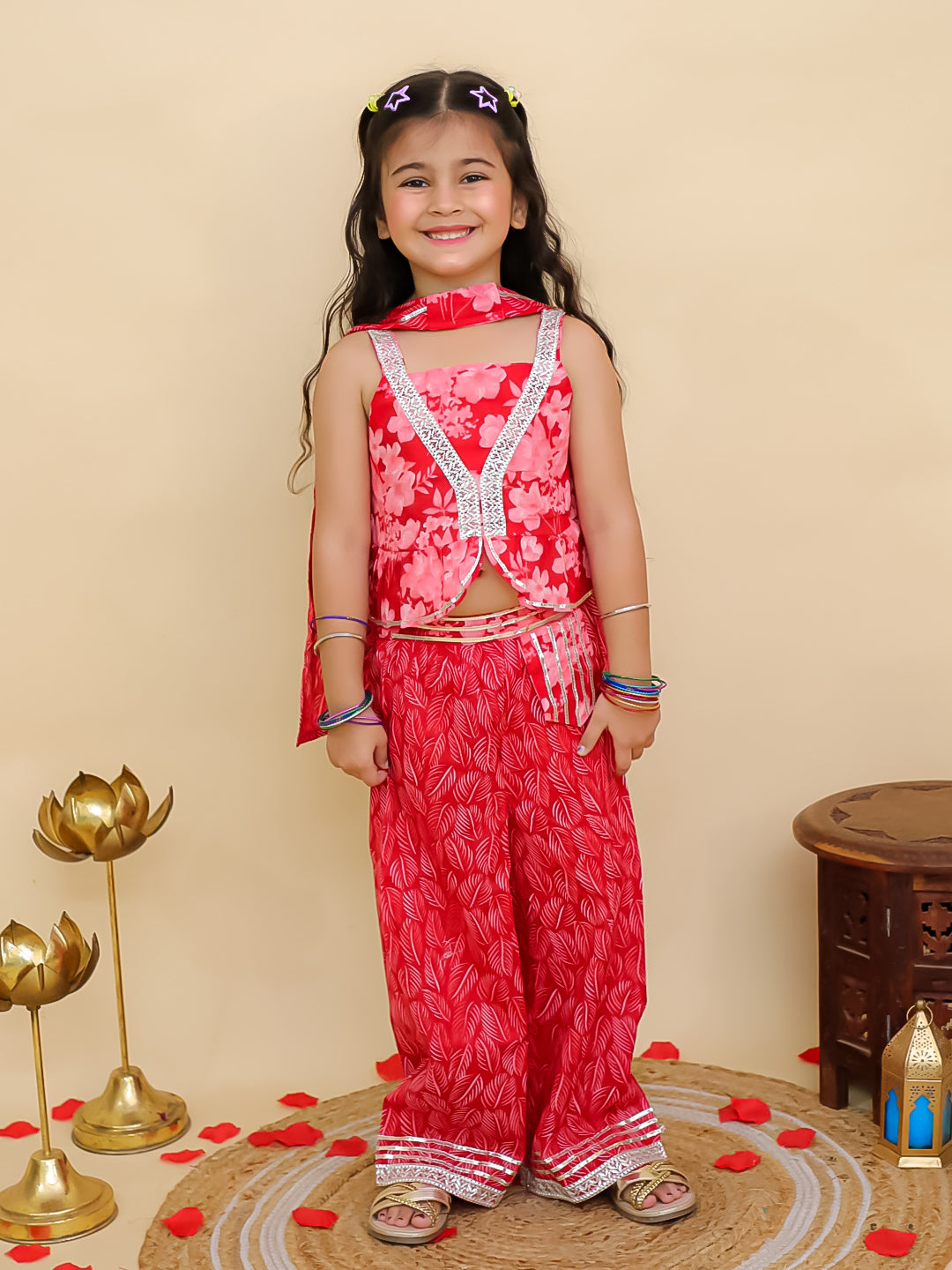 Red Cotton Sleeveless Floral Printed Girls Co-Ords - AJ Dezines
