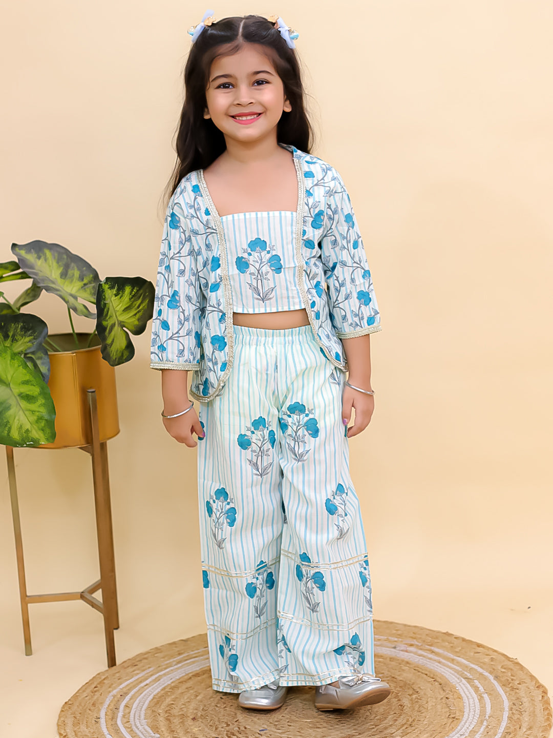 Blue Cotton 3/4 Sleeves Floral Printed Girls Co-Ords - AJ Dezines