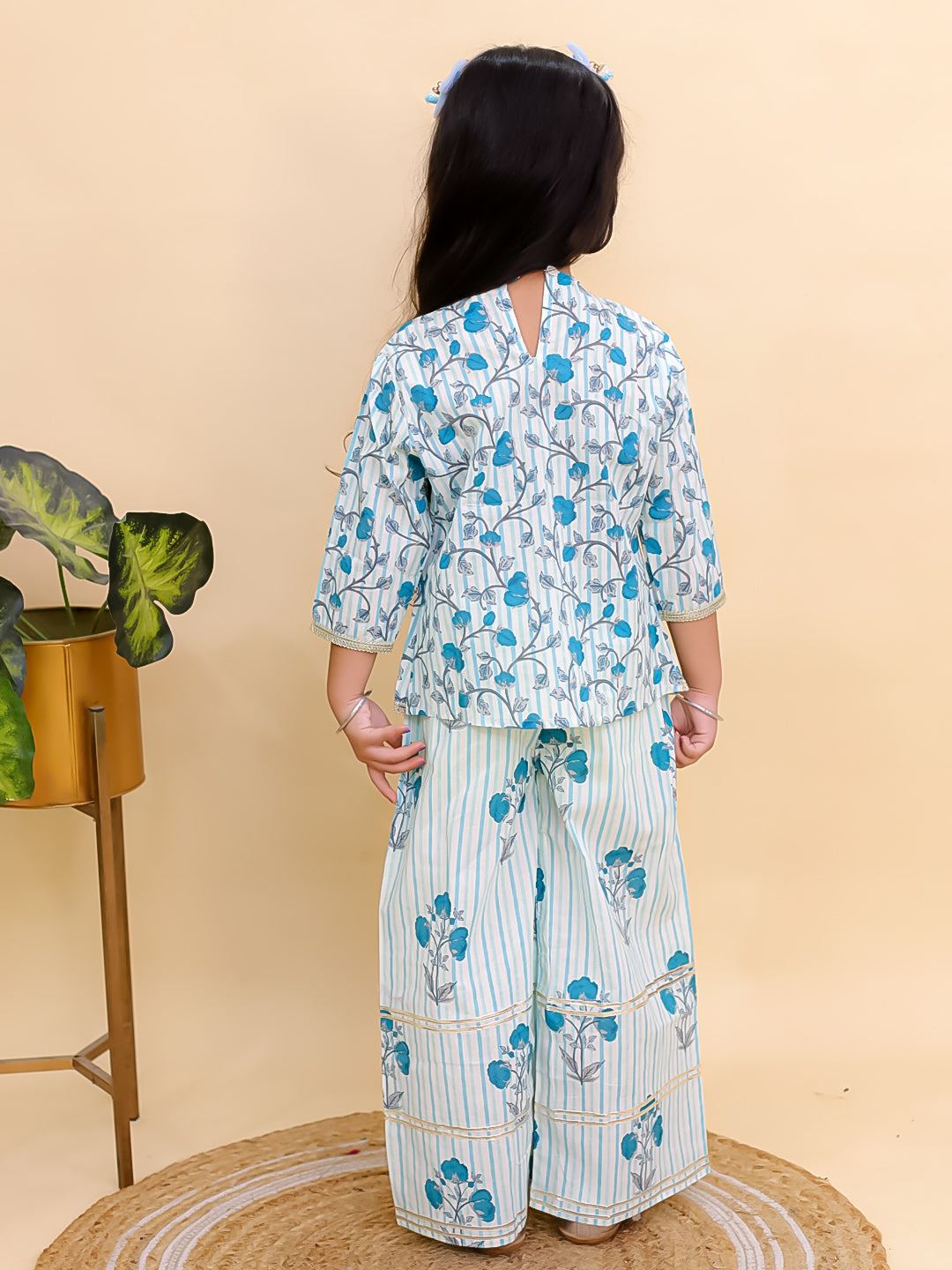 Blue Cotton 3/4 Sleeves Floral Printed Girls Co-Ords - AJ Dezines