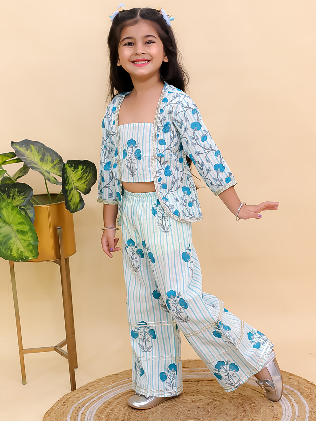 Blue Cotton 3/4 Sleeves Floral Printed Girls Co-Ords - AJ Dezines