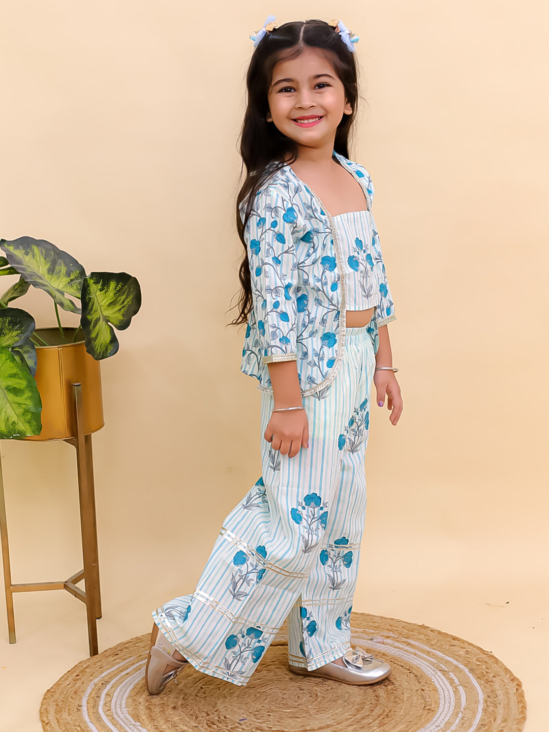 Blue Cotton 3/4 Sleeves Floral Printed Girls Co-Ords - AJ Dezines
