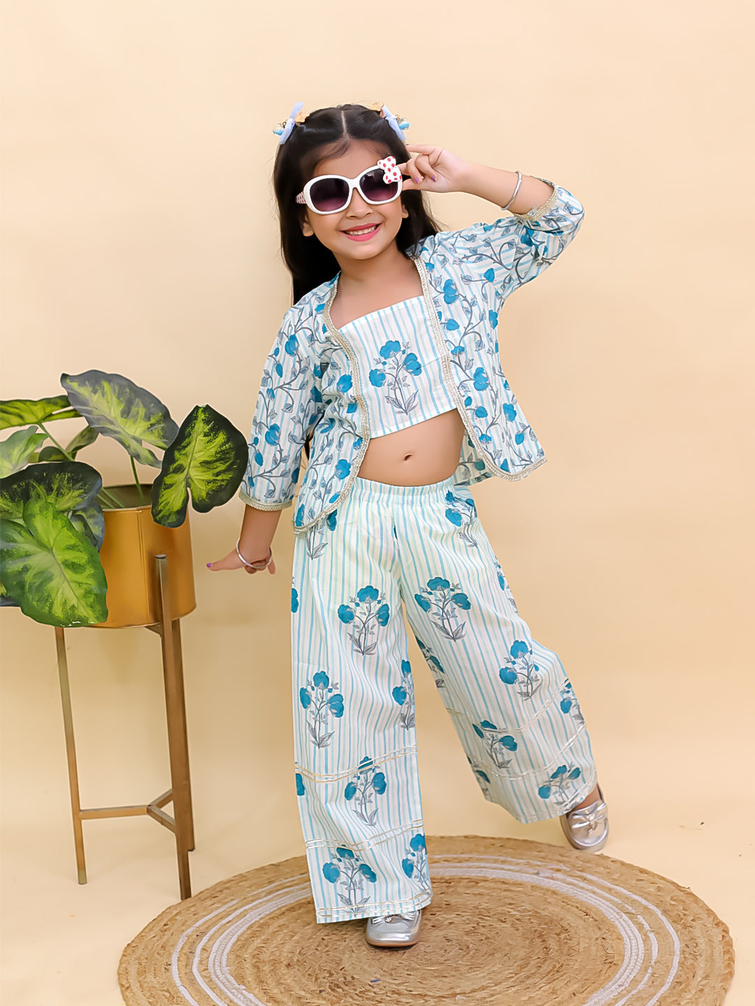 Blue Cotton 3/4 Sleeves Floral Printed Girls Co-Ords - AJ Dezines