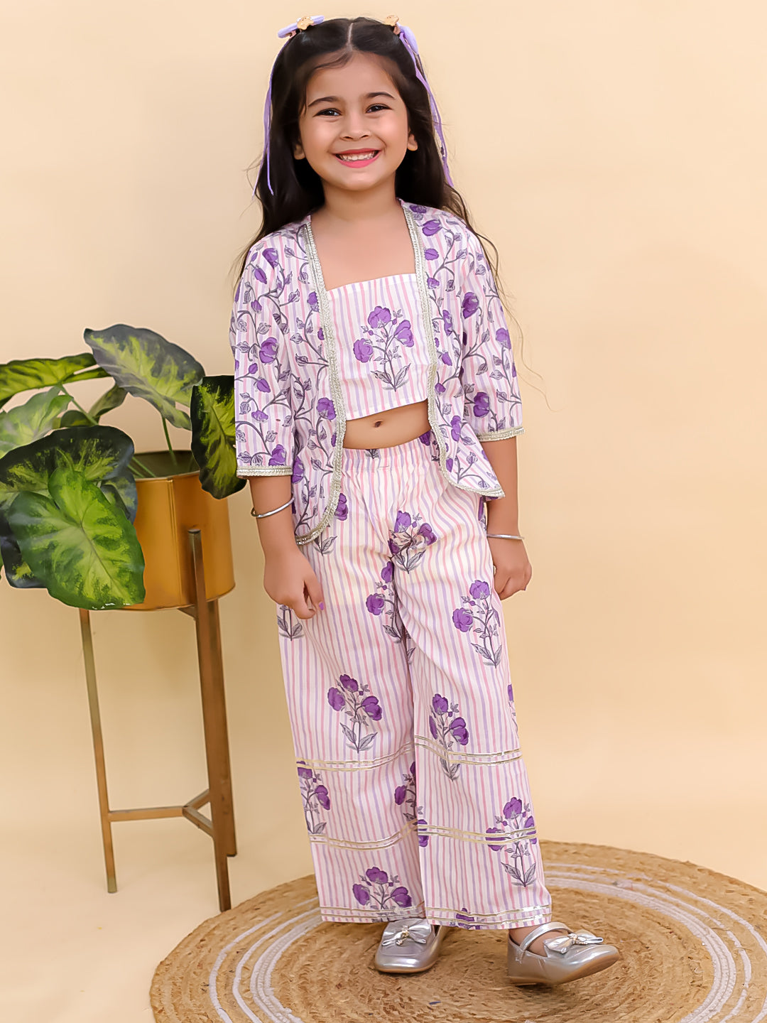 Purple Cotton 3/4 Sleeves Floral Printed Girls Co-Ords - AJ Dezines