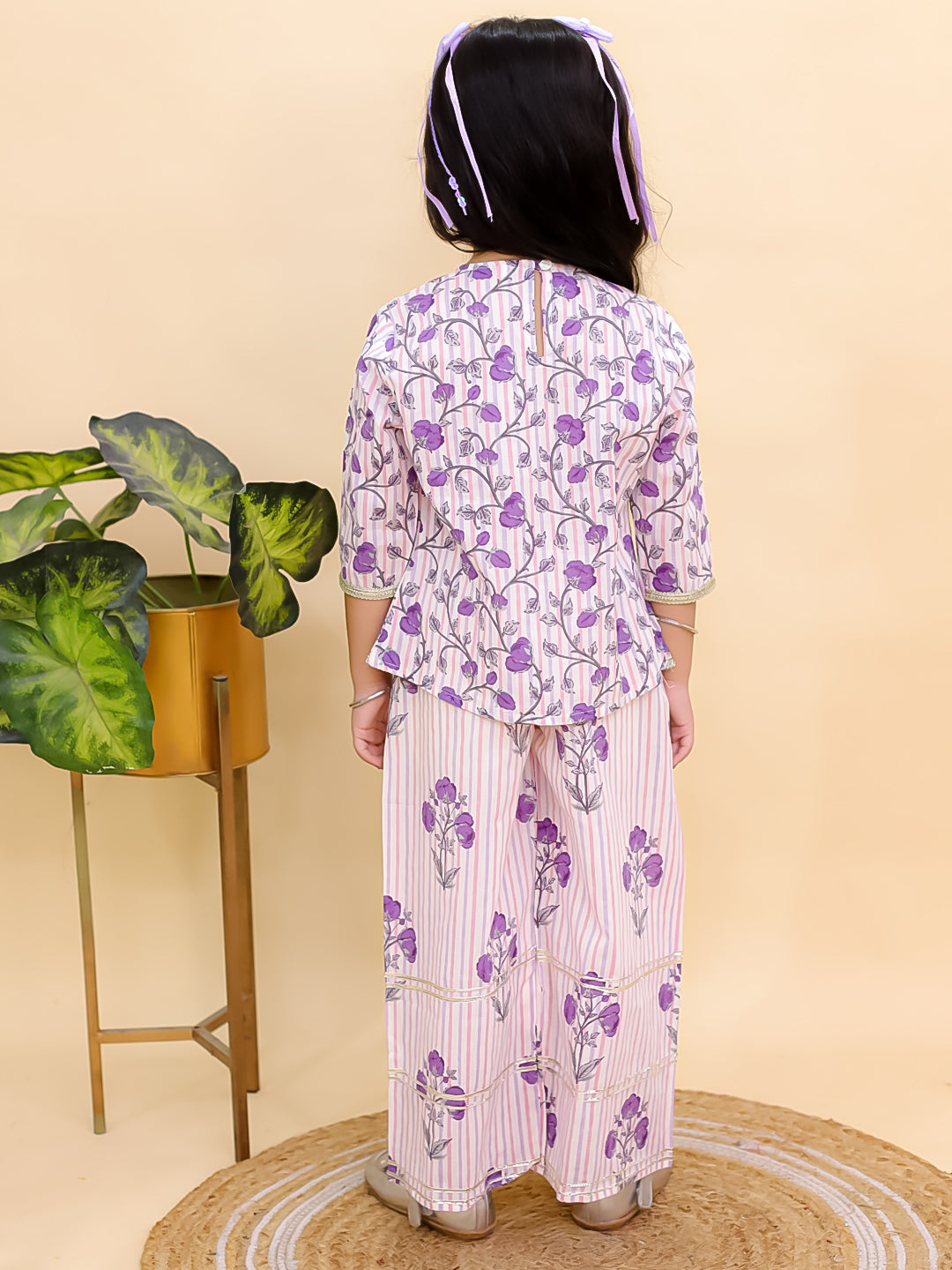 Purple Cotton 3/4 Sleeves Floral Printed Girls Co-Ords - AJ Dezines