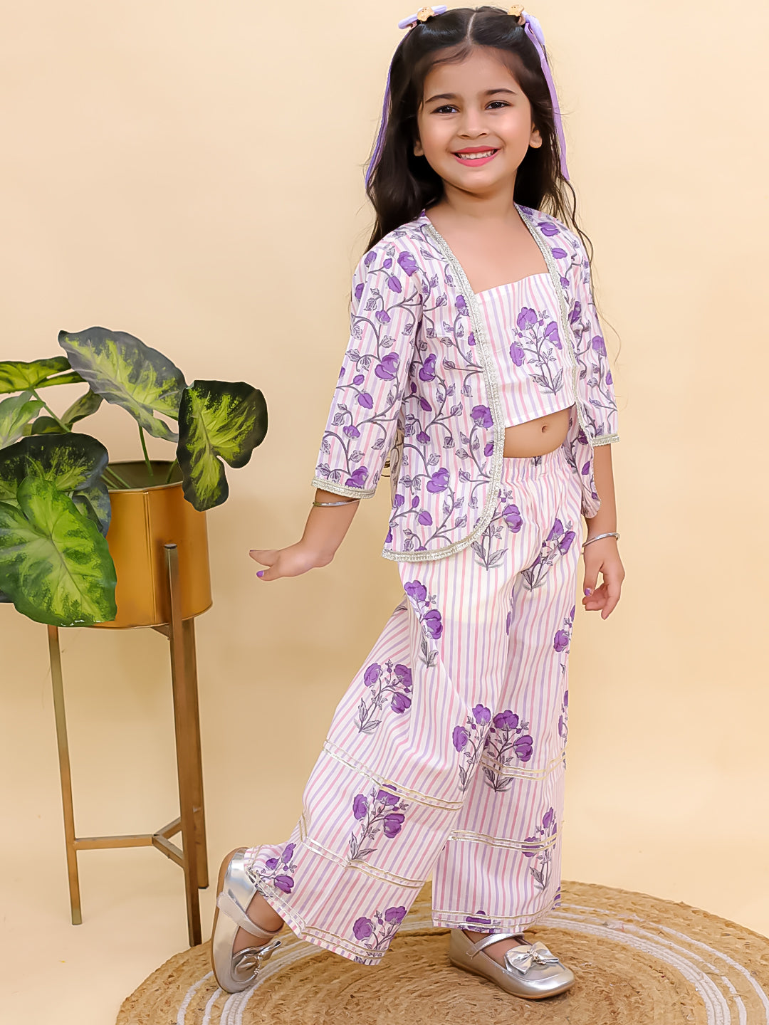 Purple Cotton 3/4 Sleeves Floral Printed Girls Co-Ords - AJ Dezines