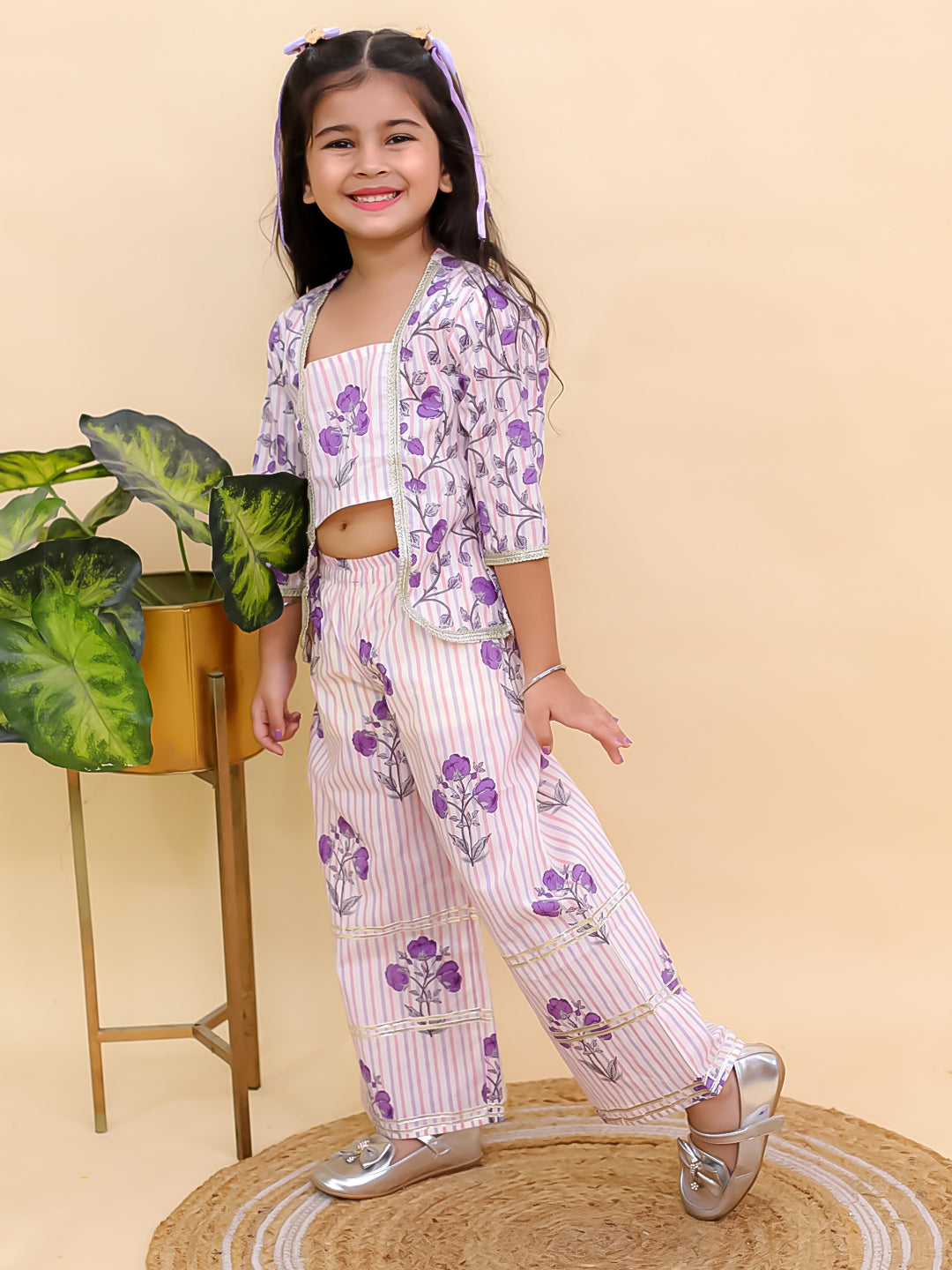 Purple Cotton 3/4 Sleeves Floral Printed Girls Co-Ords - AJ Dezines