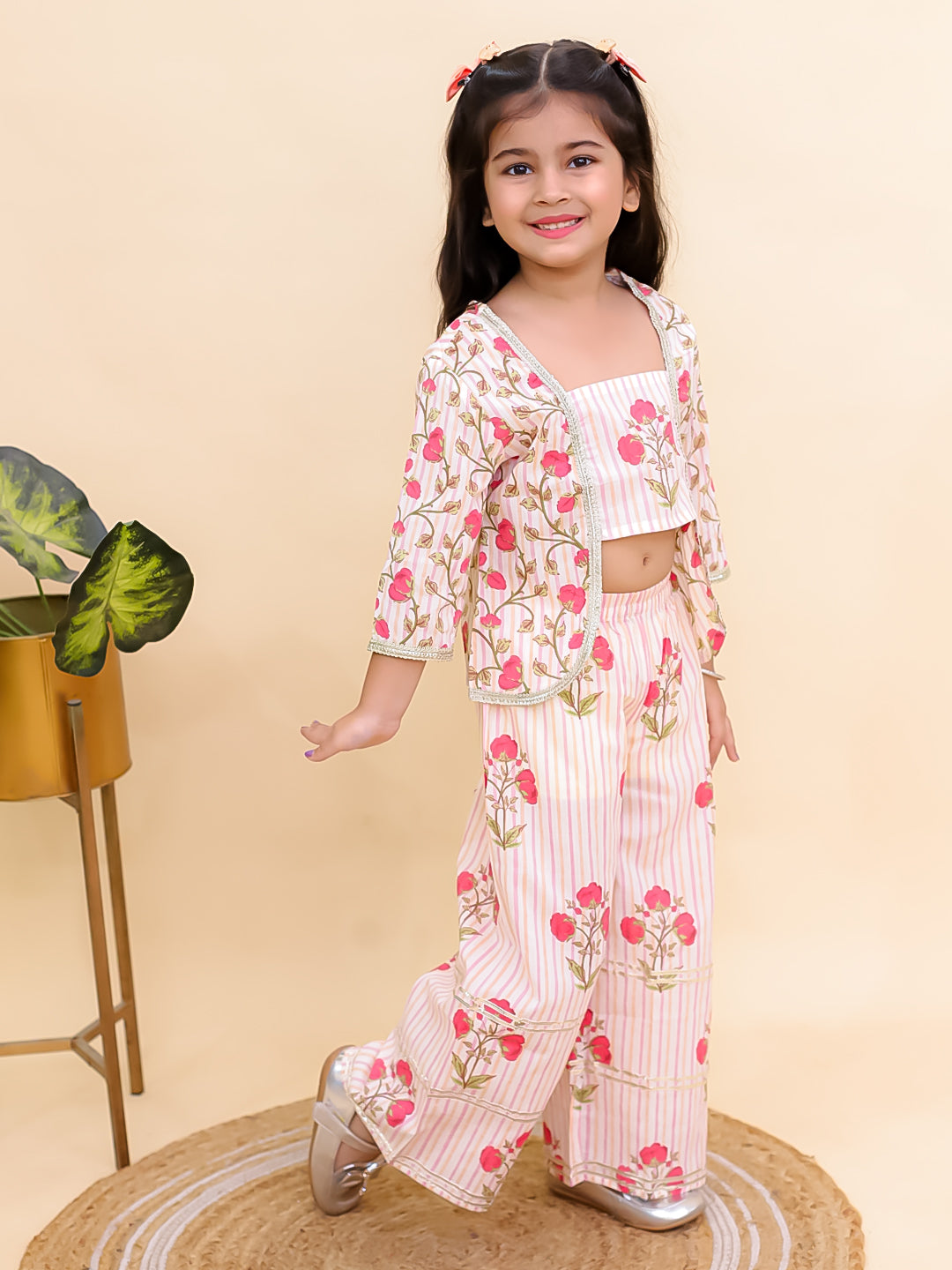 Red Cotton 3/4 Sleeves Floral Printed Girls Co-Ords - AJ Dezines