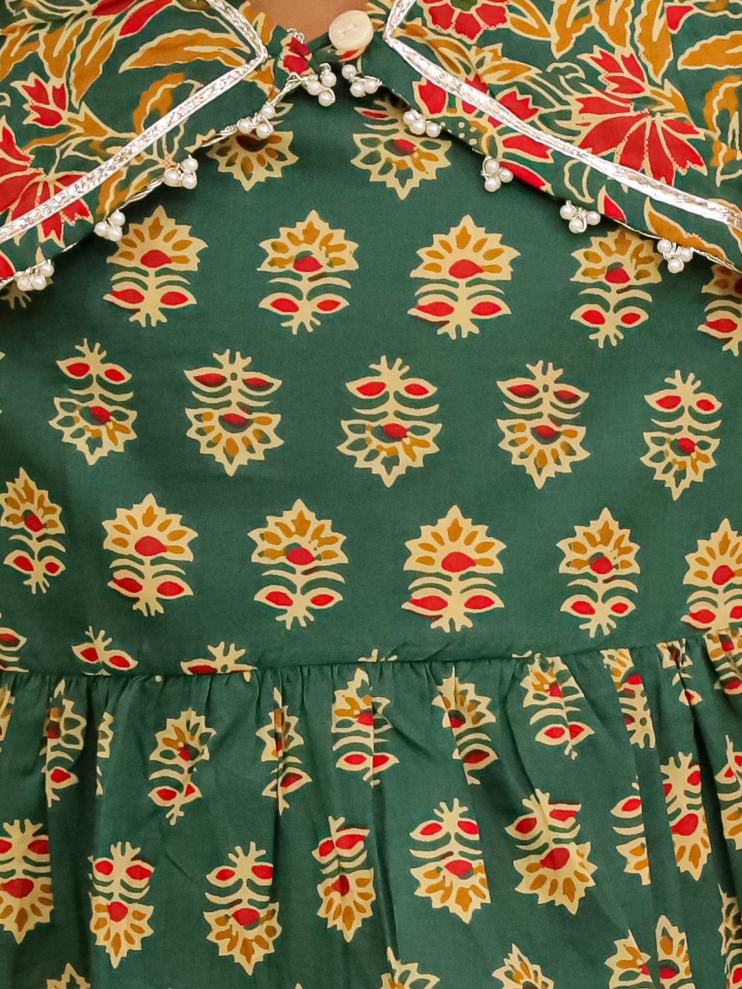 Green Cotton 3/4th Sleeves Floral Print Girls Co-Ords