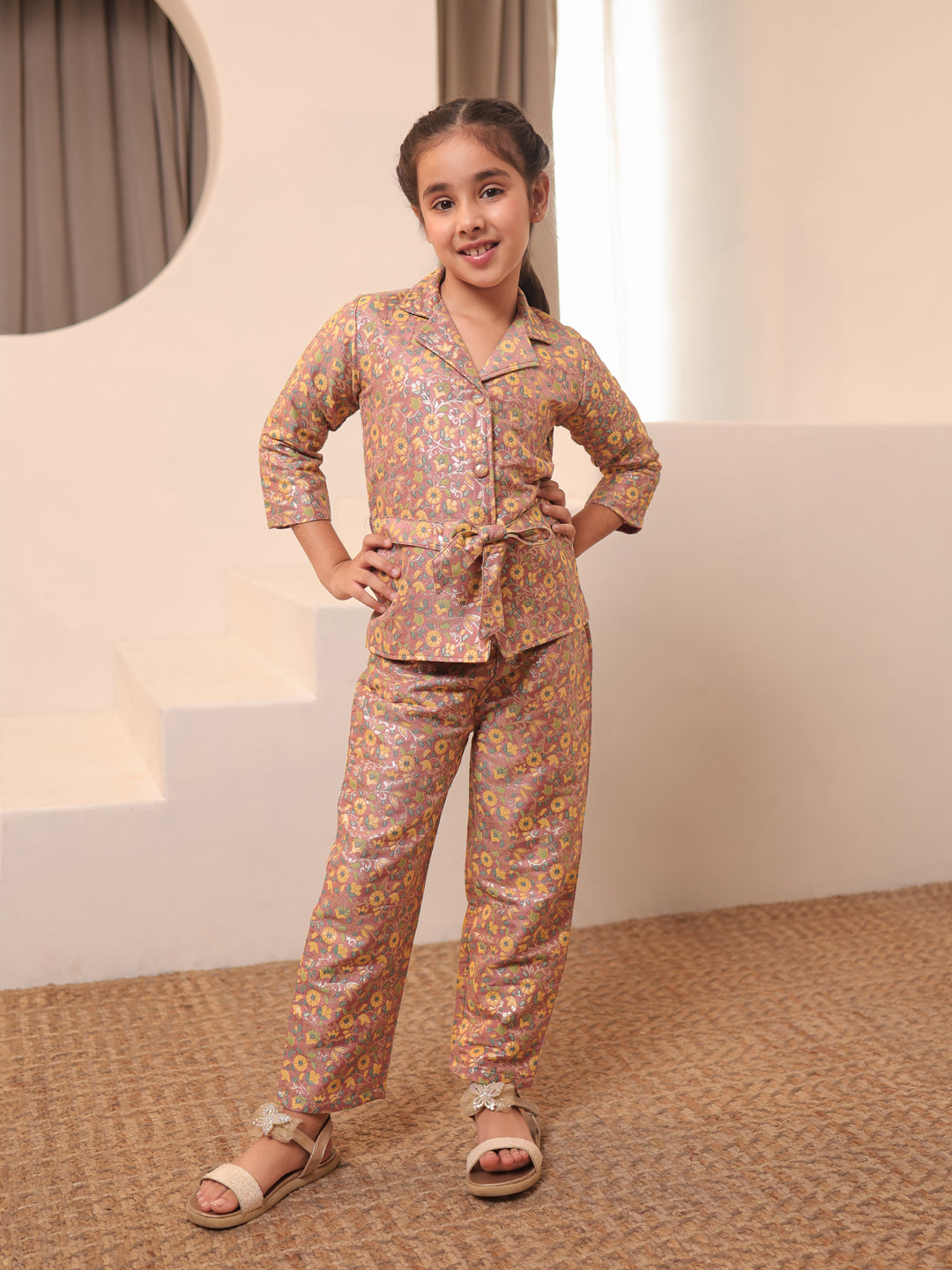 Floral Print Peach Brocade 3/4th Sleeves Co-Ord Set for Girls