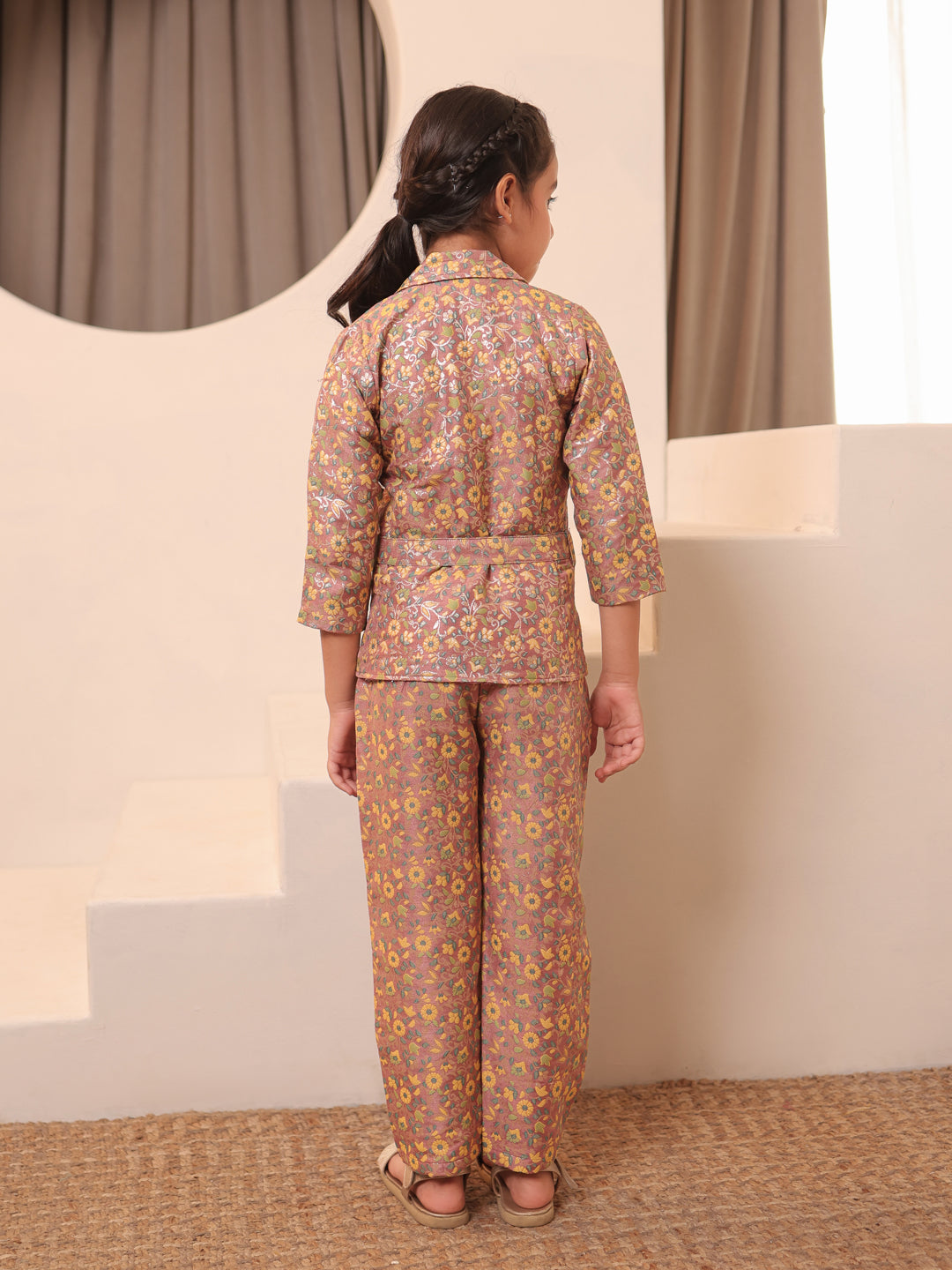 Floral Print Peach Brocade 3/4th Sleeves Co-Ord Set for Girls