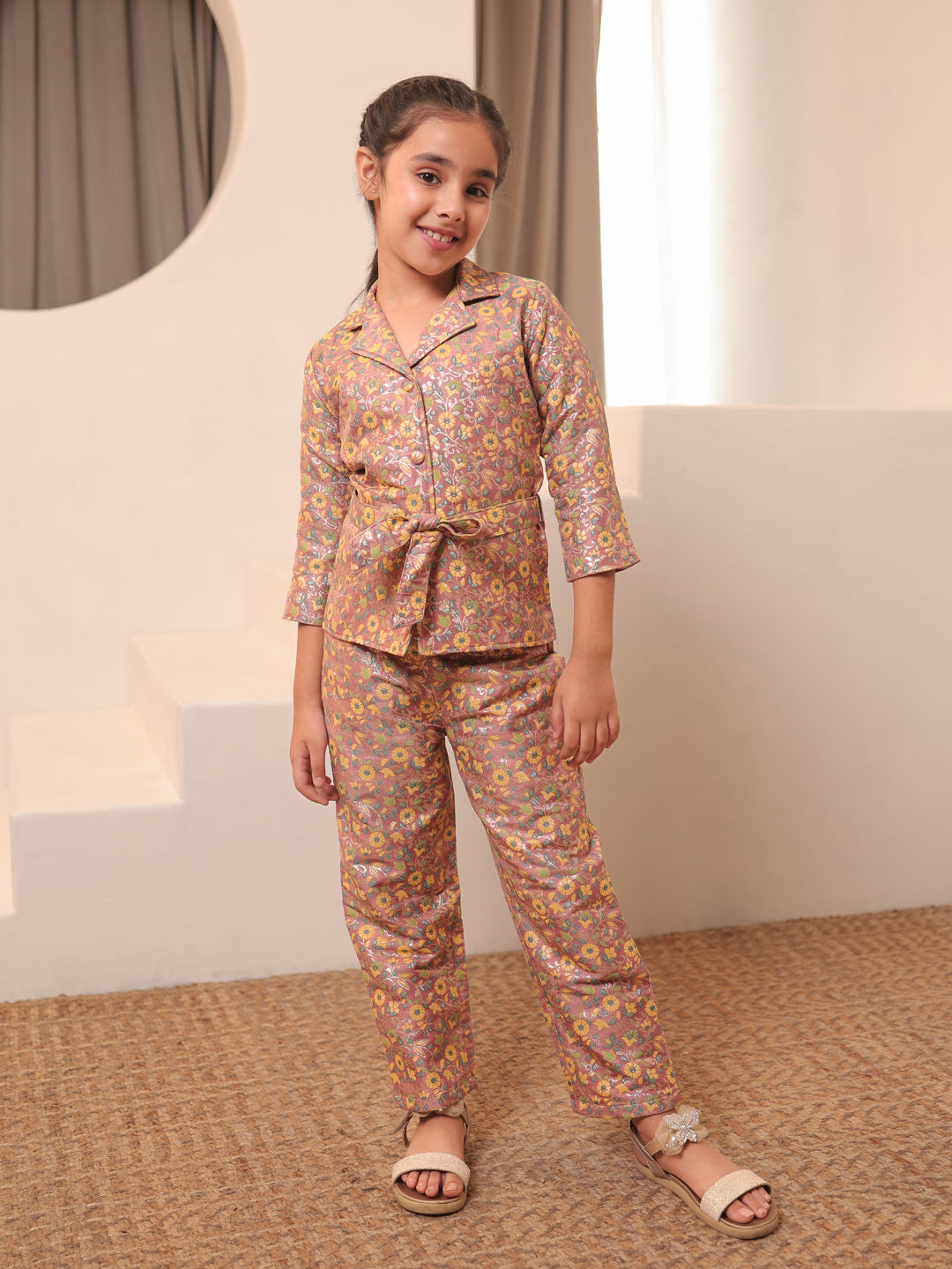 Floral Print Peach Brocade 3/4th Sleeves Co-Ord Set for Girls