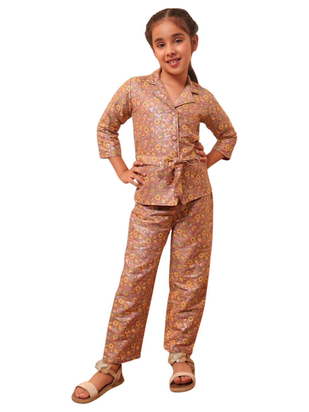 Floral Print Peach Brocade 3/4th Sleeves Co-Ord Set for Girls