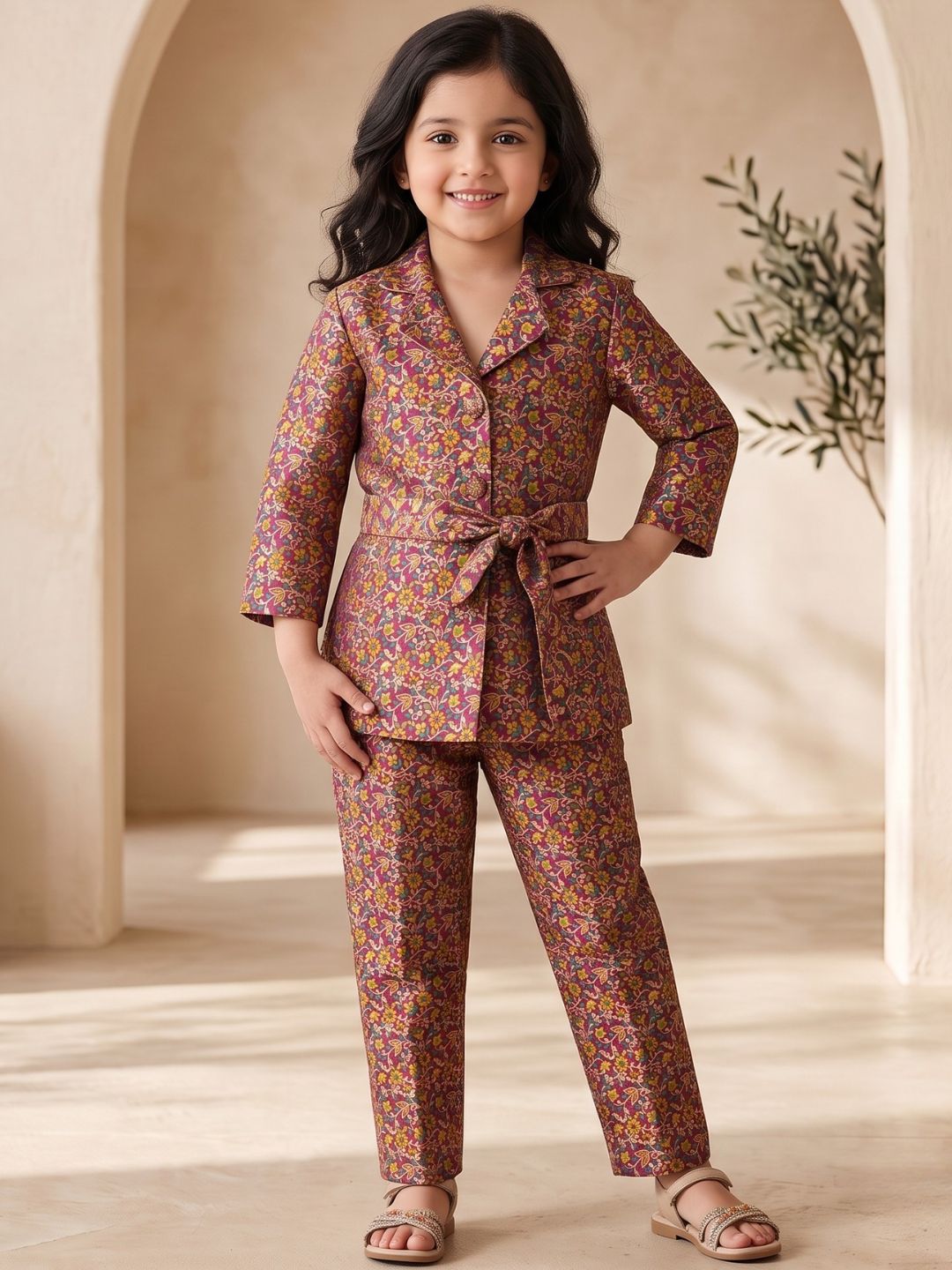 Purple Floral Print Brocade 3/4th Sleeves Co-Ord Set for Girls