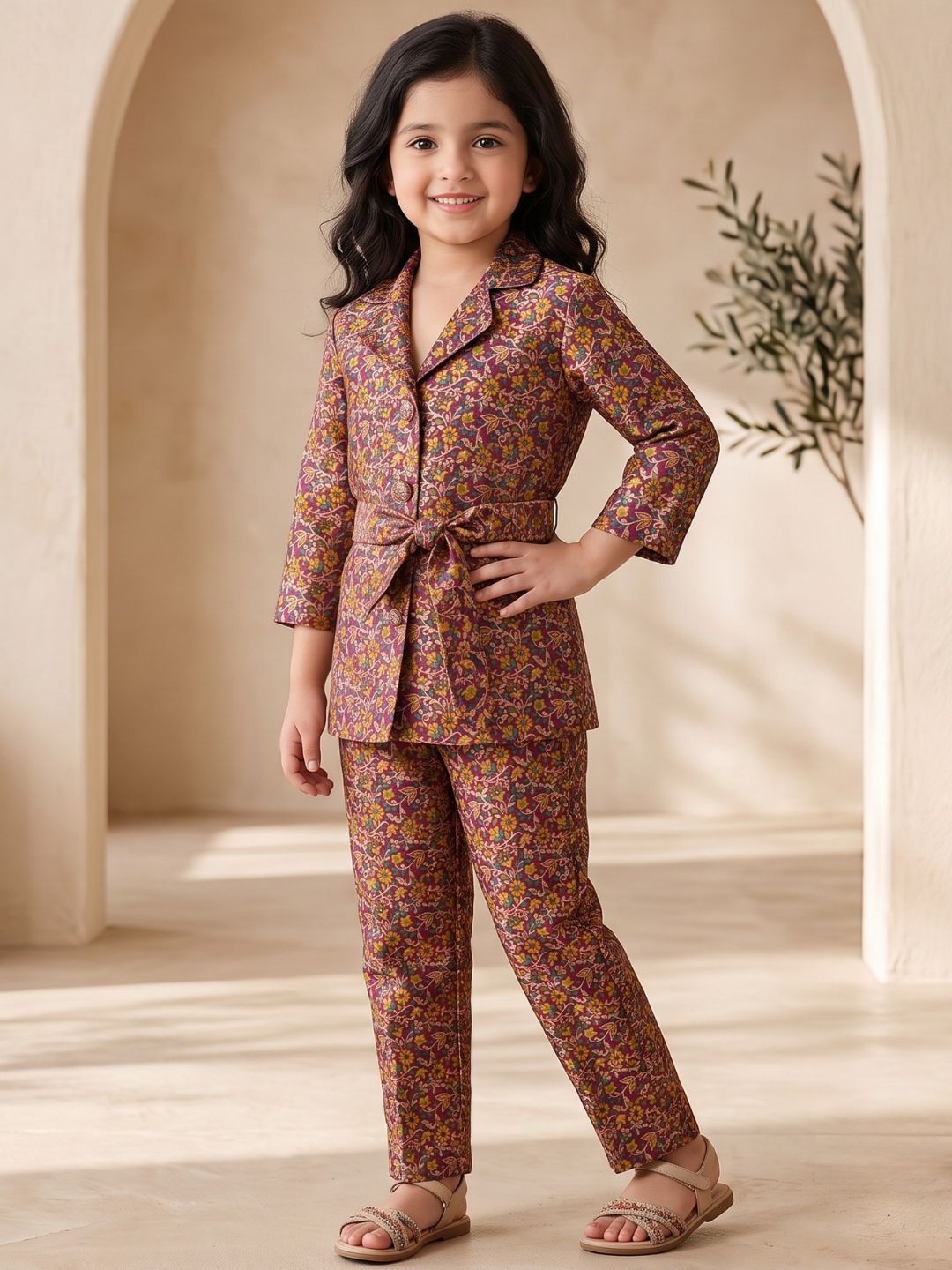 Purple Floral Print Brocade 3/4th Sleeves Co-Ord Set for Girls