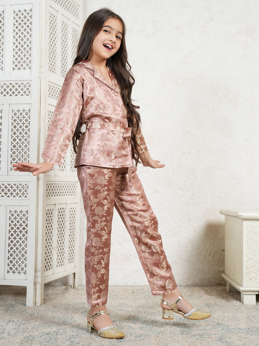 Floral Print Brocade 3/4th Sleeves Co-Ord Set for Girls