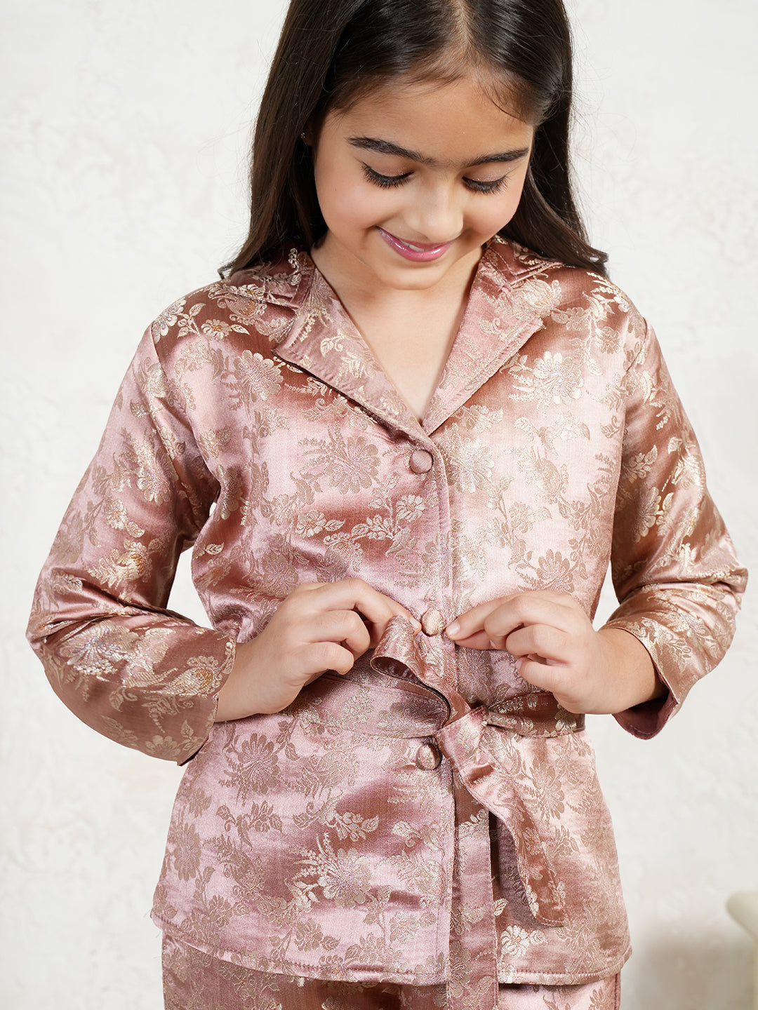 Floral Print Brocade 3/4th Sleeves Co-Ord Set for Girls