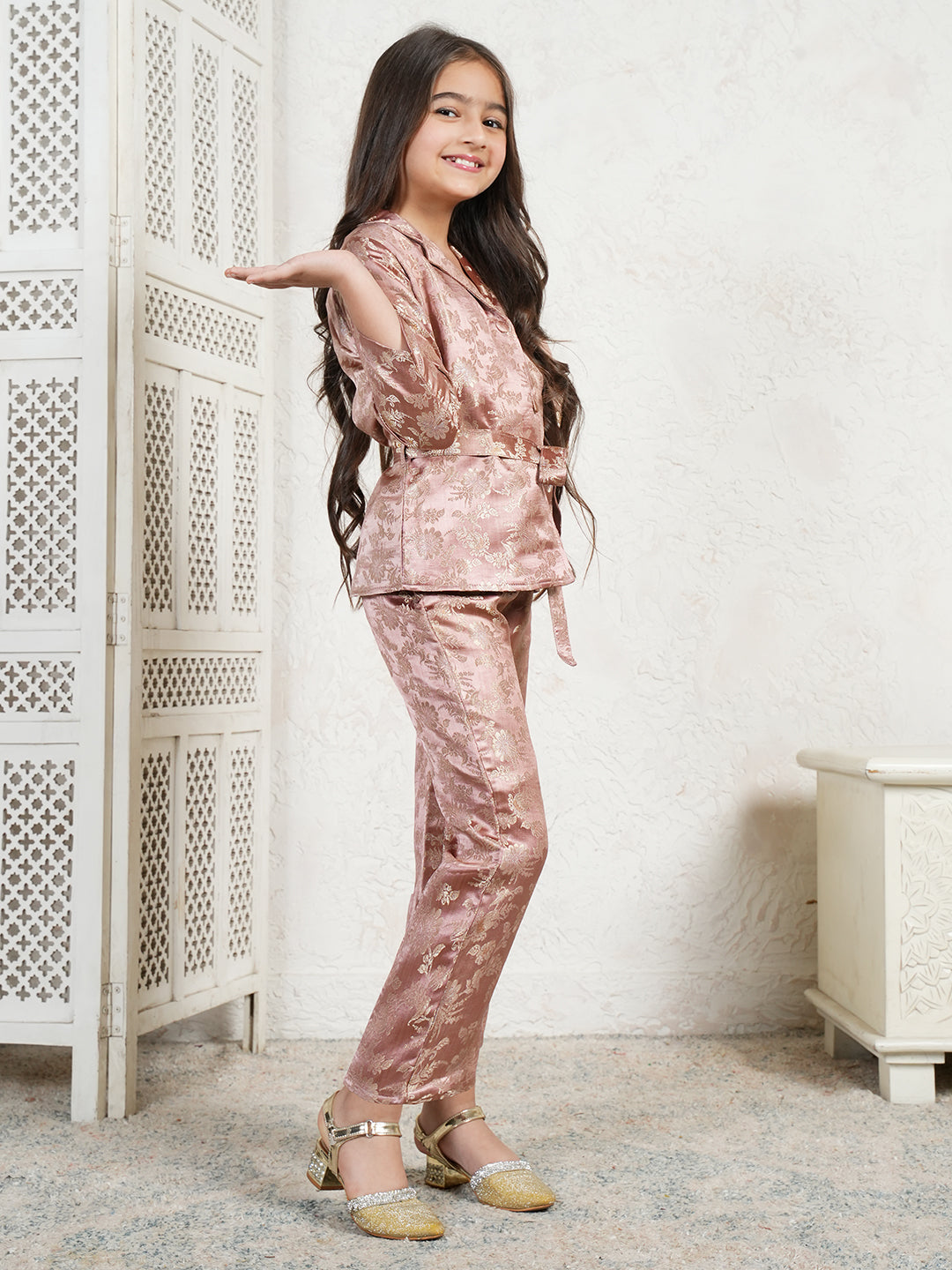 Floral Print Brocade 3/4th Sleeves Co-Ord Set for Girls