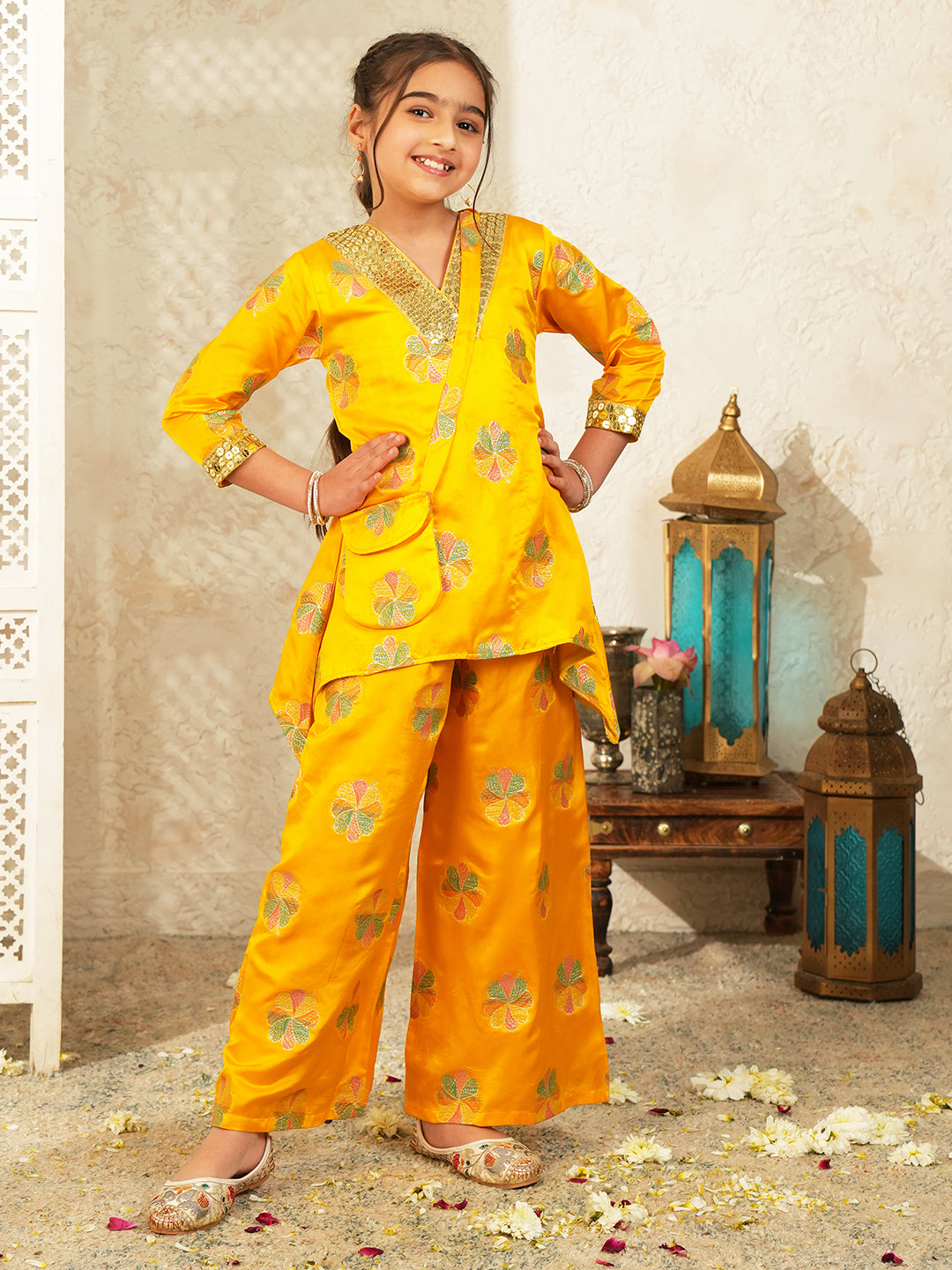 Yellow Floral Embroidered Silk blend Kurti and Palazzo with Sling Bag For Girls