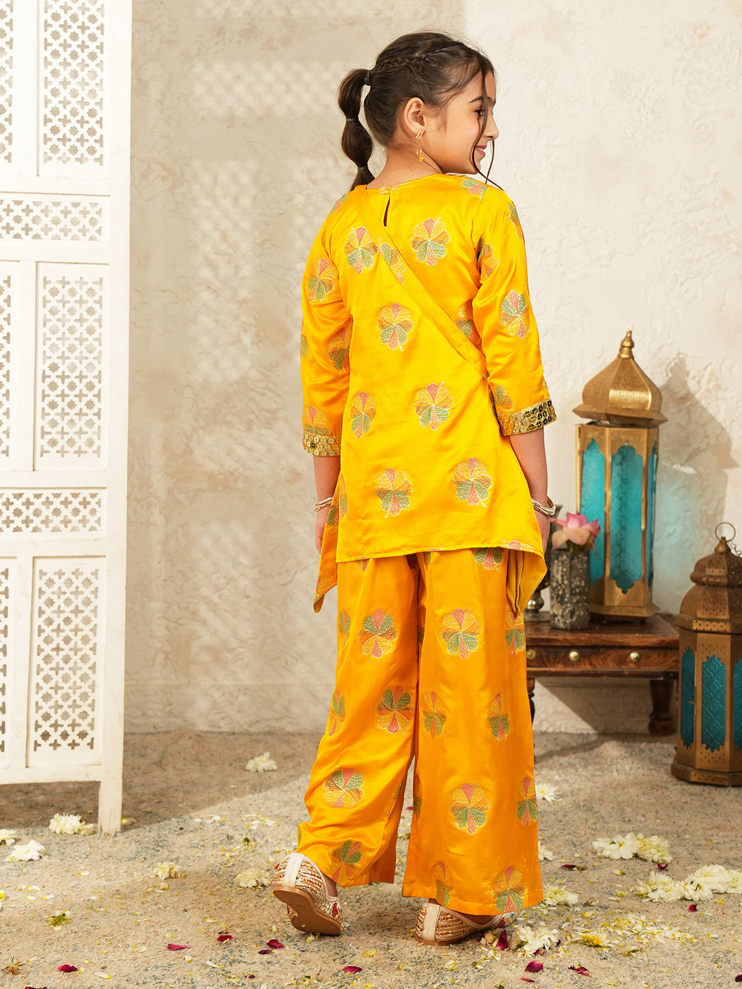 Yellow Floral Embroidered Silk blend Kurti and Palazzo with Sling Bag For Girls