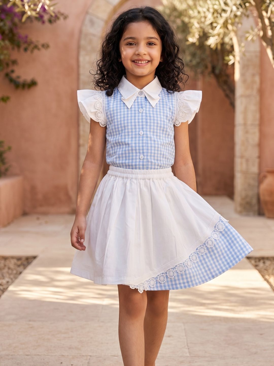 Sky Blue Check Cotton Skirt and Top Co-Ords For Girls