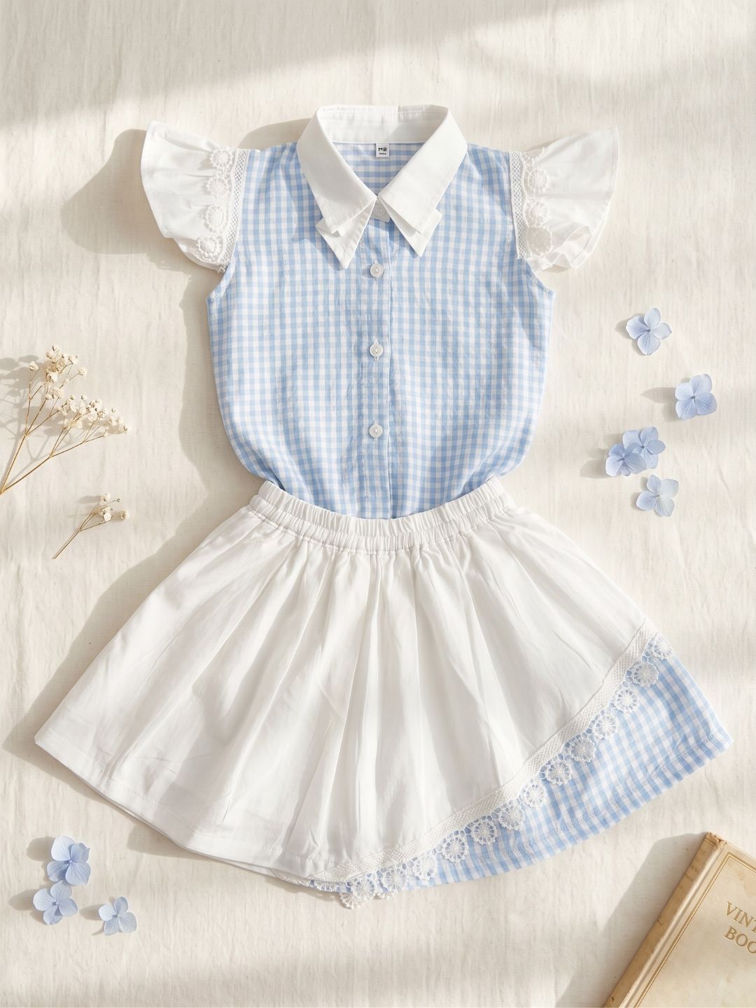 Sky Blue Check Cotton Skirt and Top Co-Ords For Girls