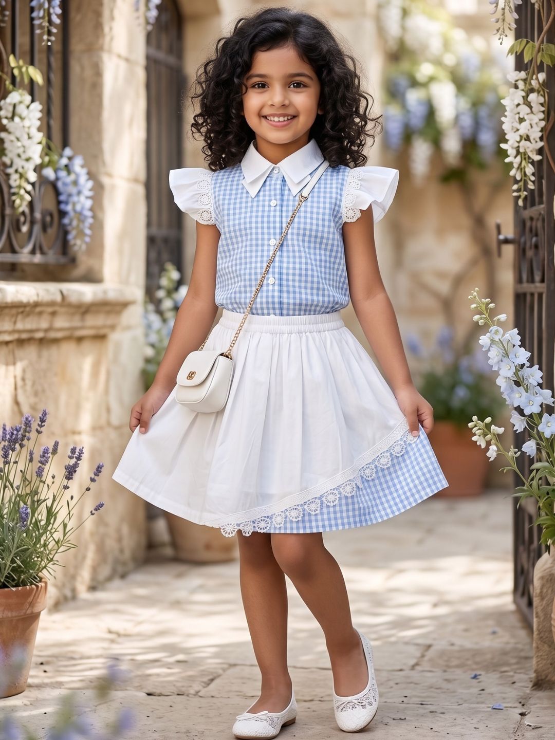 Sky Blue Check Cotton Skirt and Top Co-Ords For Girls