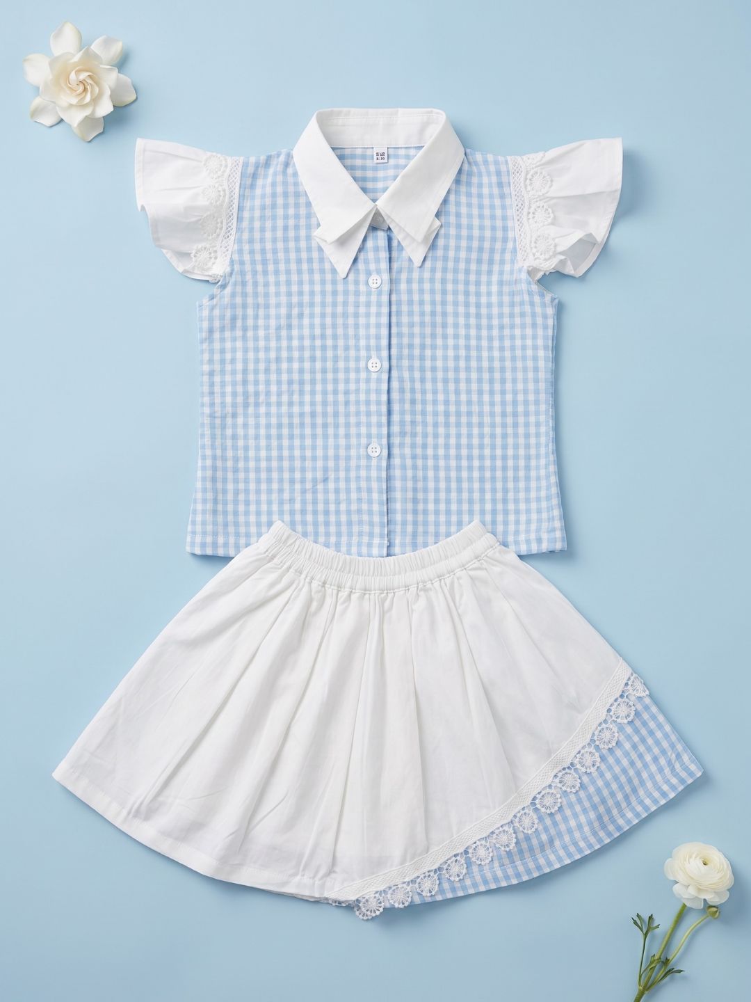 Sky Blue Check Cotton Skirt and Top Co-Ords For Girls