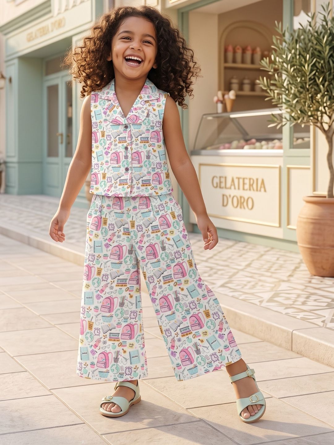 Multi Color Cute Print Cotton Co-Ords For Girls