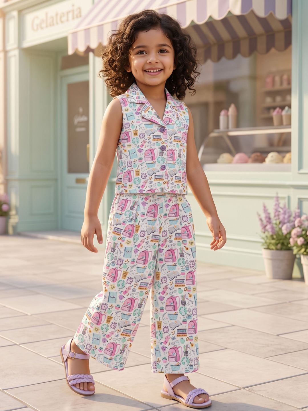 Multi Color Cute Print Cotton Co-Ords For Girls