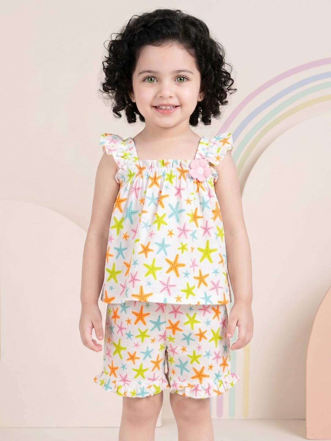Multi Color Star Fish Print Cotton Dobby Co-Ords For Girls
