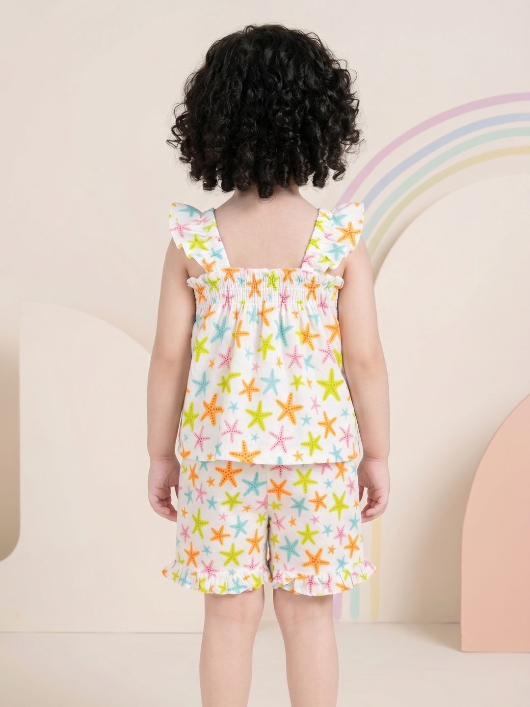 Multi Color Star Fish Print Cotton Dobby Co-Ords For Girls