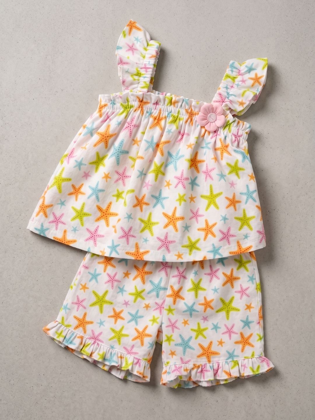 Multi Color Star Fish Print Cotton Dobby Co-Ords For Girls