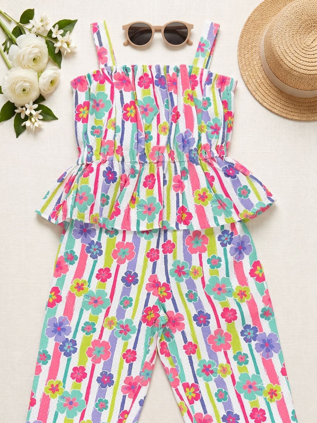 Pink Floral Print Cotton Dobby Co-Ords For Girls