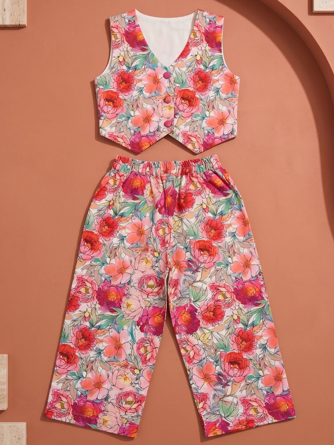 AJ Dezines Pink Floral Print Cotton Co-Ords For Girls