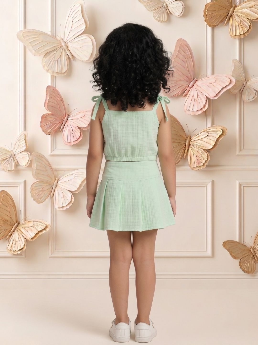 AJ Dezines Green Textured Cotton Co-Ords For Girls
