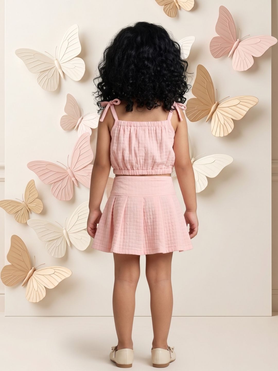 AJ Dezines Peach Textured Cotton Co-Ords For Girls