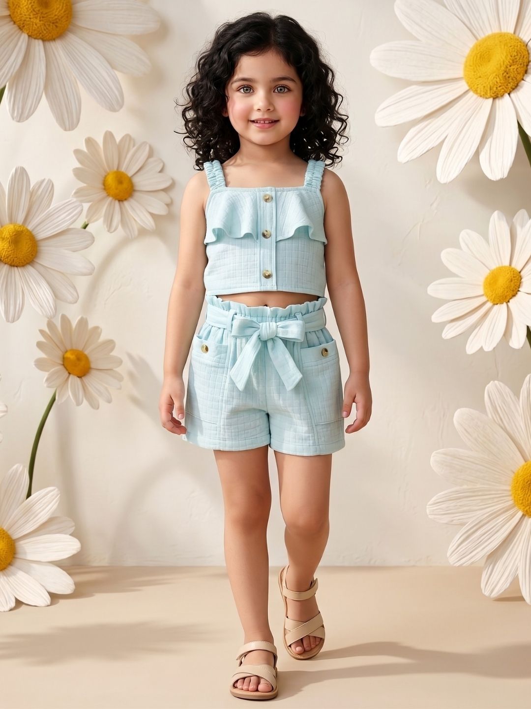 AJ Dezines Blue Textured Cotton Co-Ords For Girls