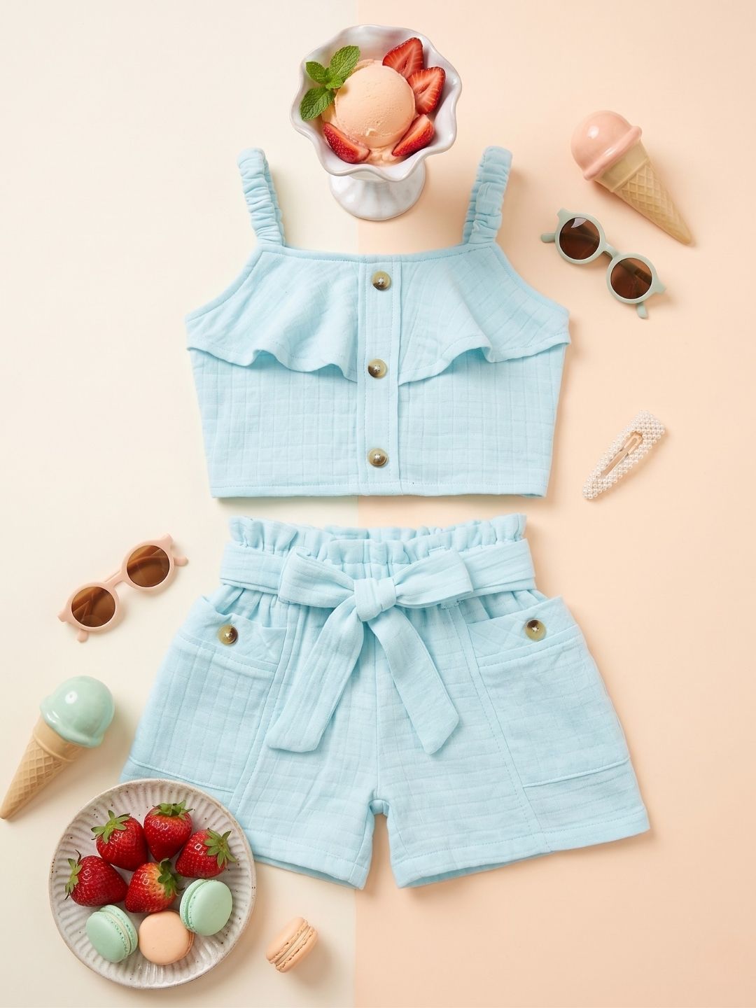 AJ Dezines Blue Textured Cotton Co-Ords For Girls