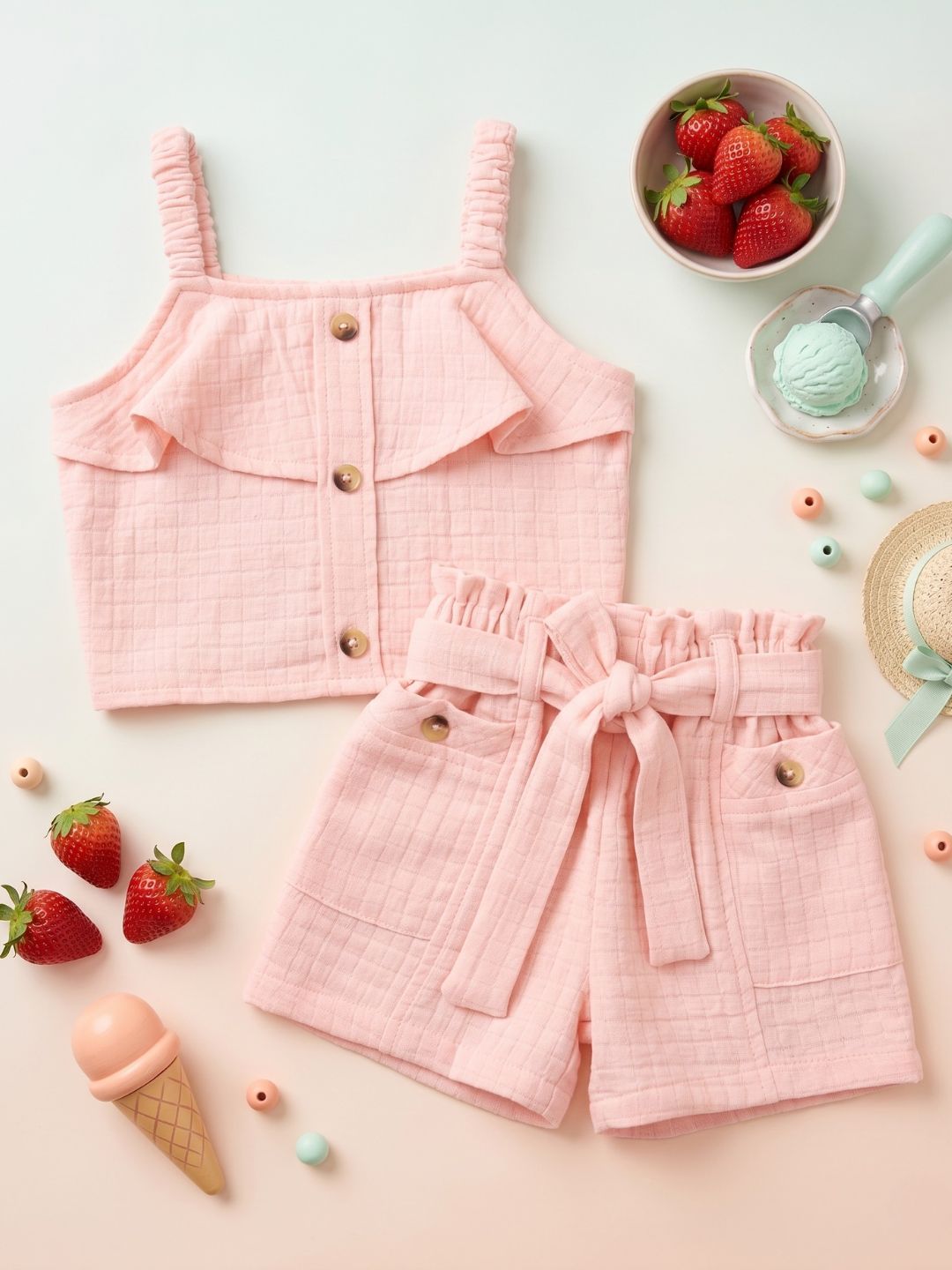 AJ Dezines Peach Textured Cotton Co-Ords For Girls