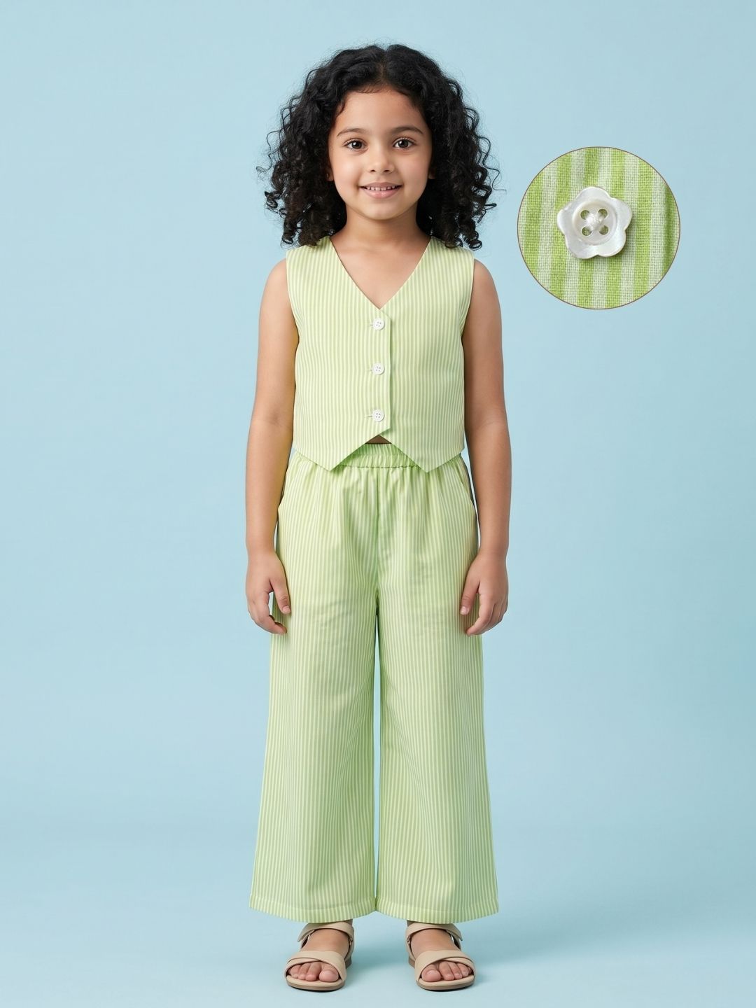 AJ Dezines Green Stripes Cotton Co-Ords For Girls