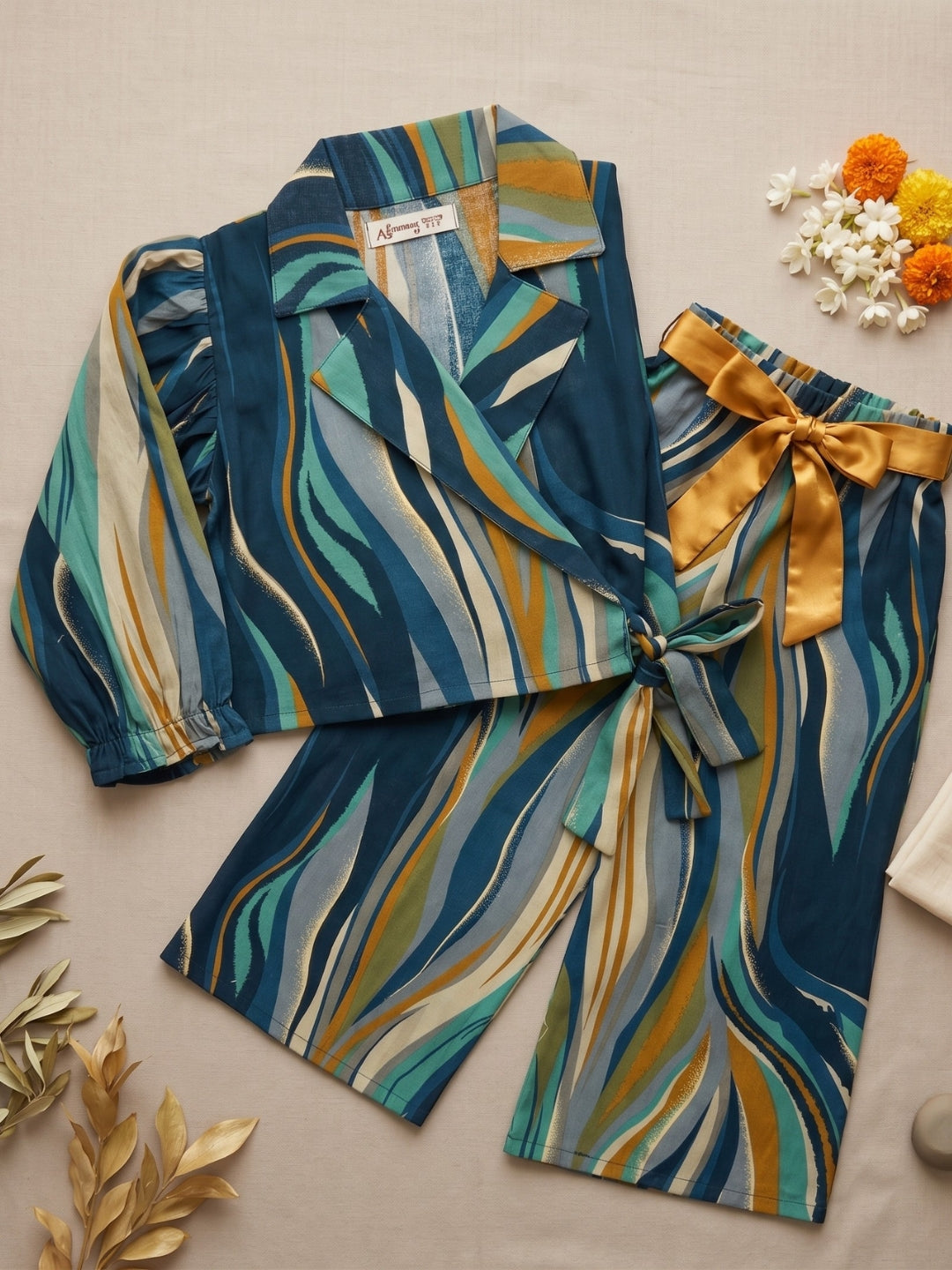 Blue Gold Foil Effect Print Pure Cotton Co-Ords Set For Girls