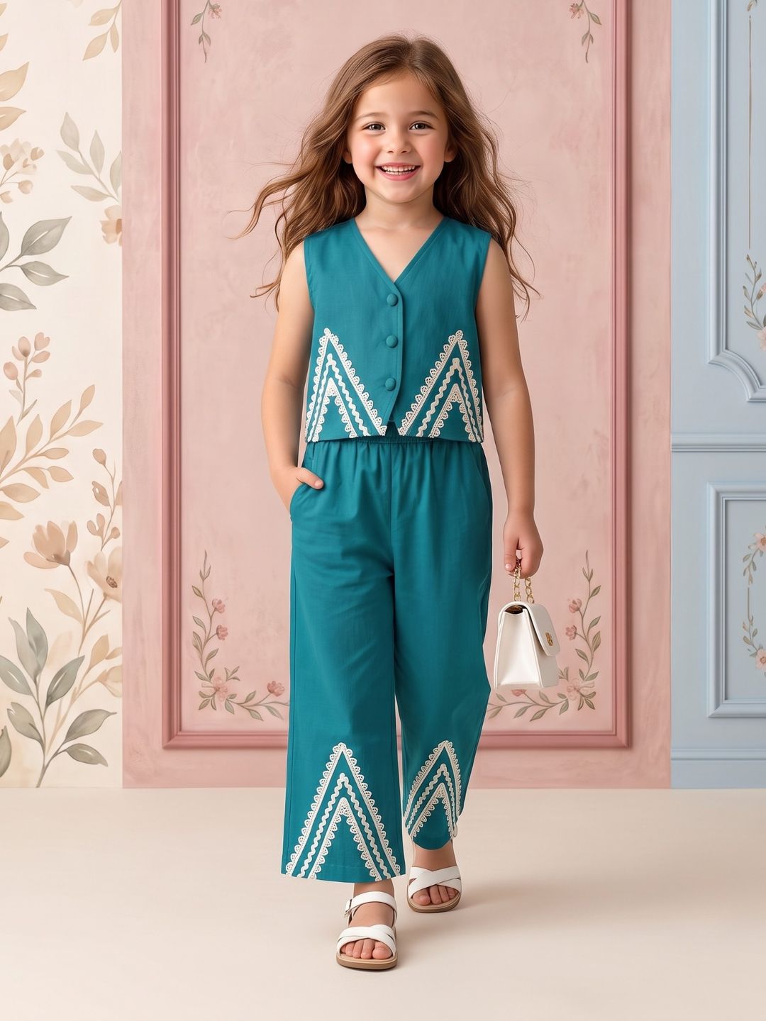 Firozi Solid with lace Pure Cotton Co-Ords Set For Girls
