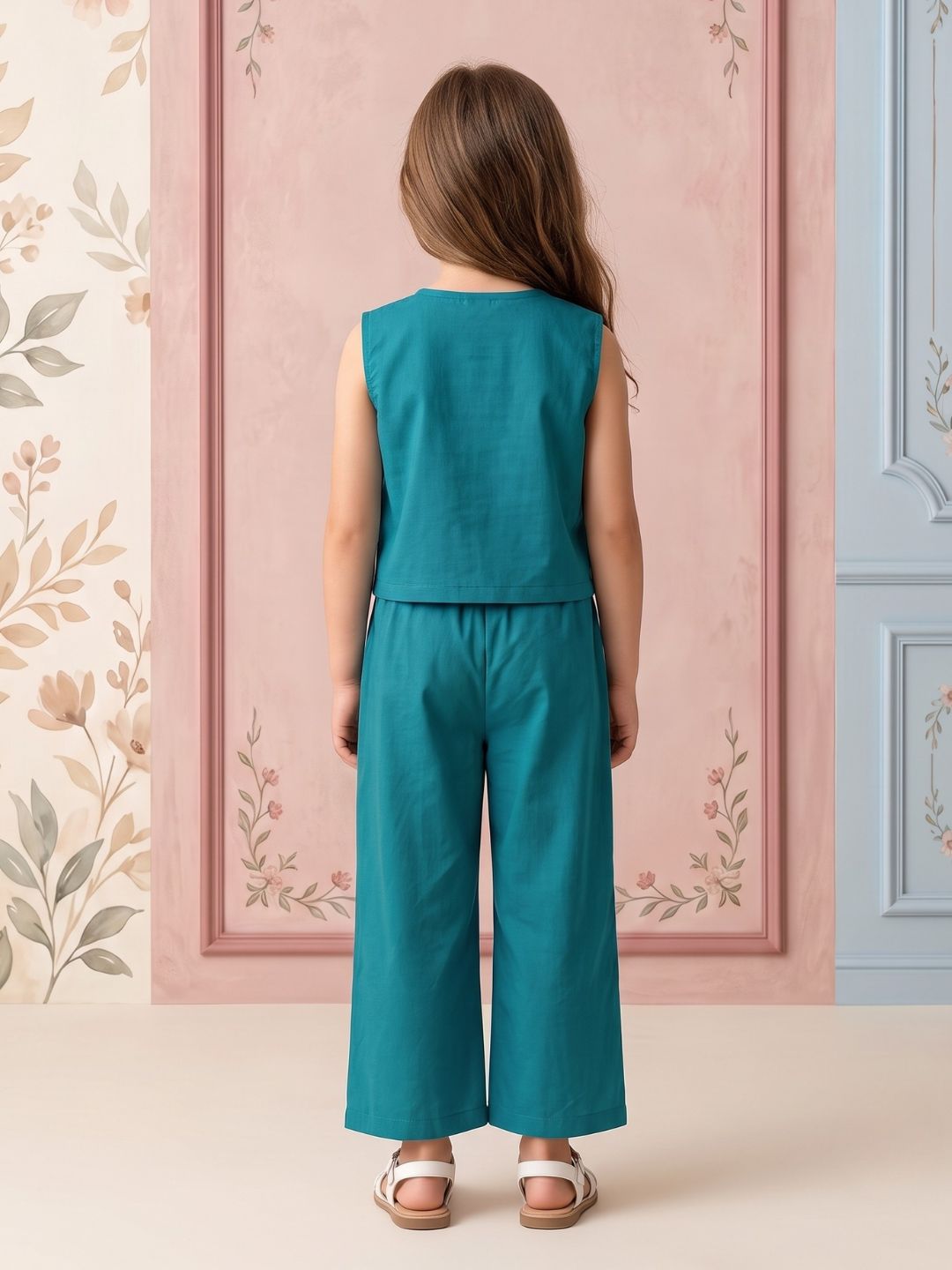 Firozi Solid with lace Pure Cotton Co-Ords Set For Girls