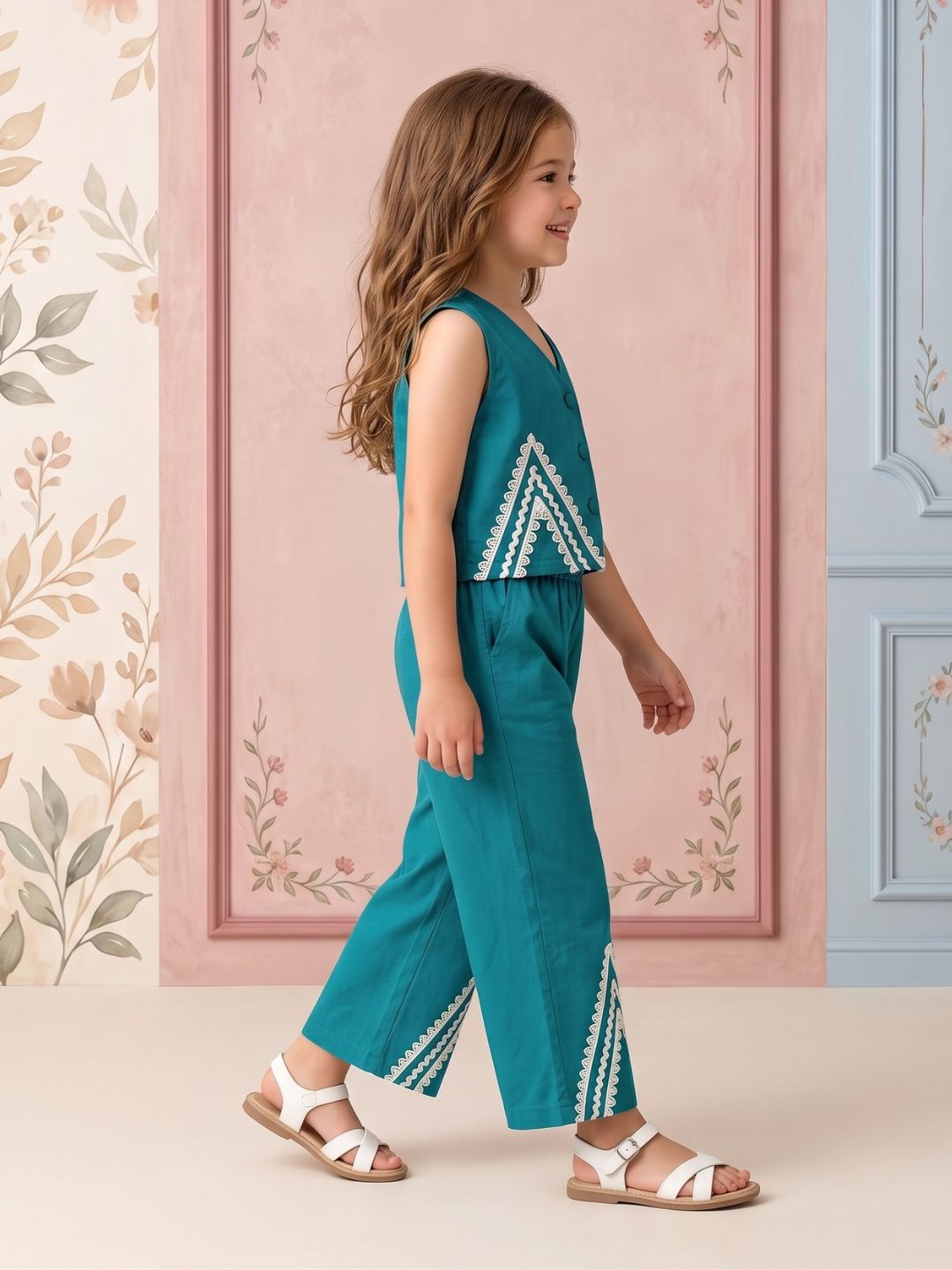 Firozi Solid with lace Pure Cotton Co-Ords Set For Girls