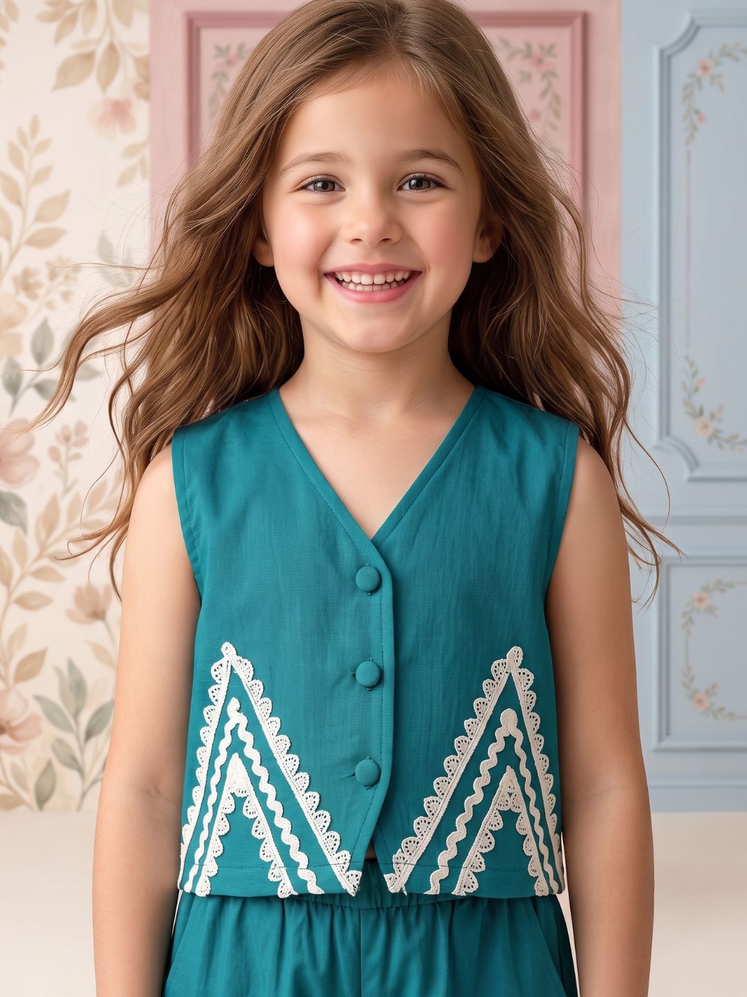 Firozi Solid with lace Pure Cotton Co-Ords Set For Girls