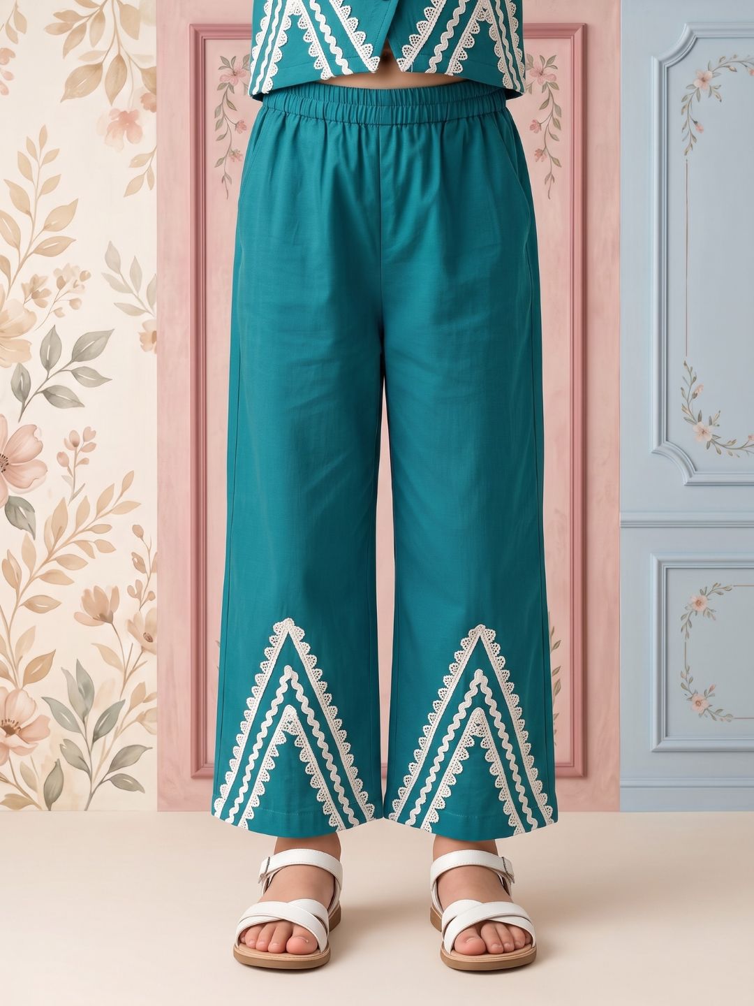 Firozi Solid with lace Pure Cotton Co-Ords Set For Girls
