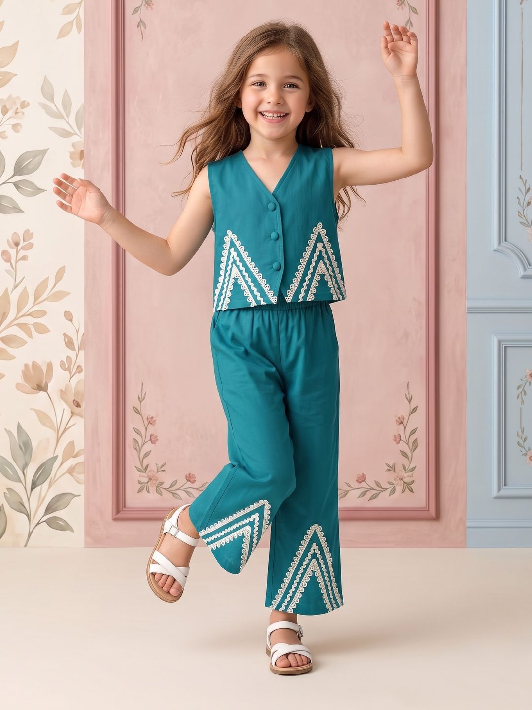 Firozi Solid with lace Pure Cotton Co-Ords Set For Girls