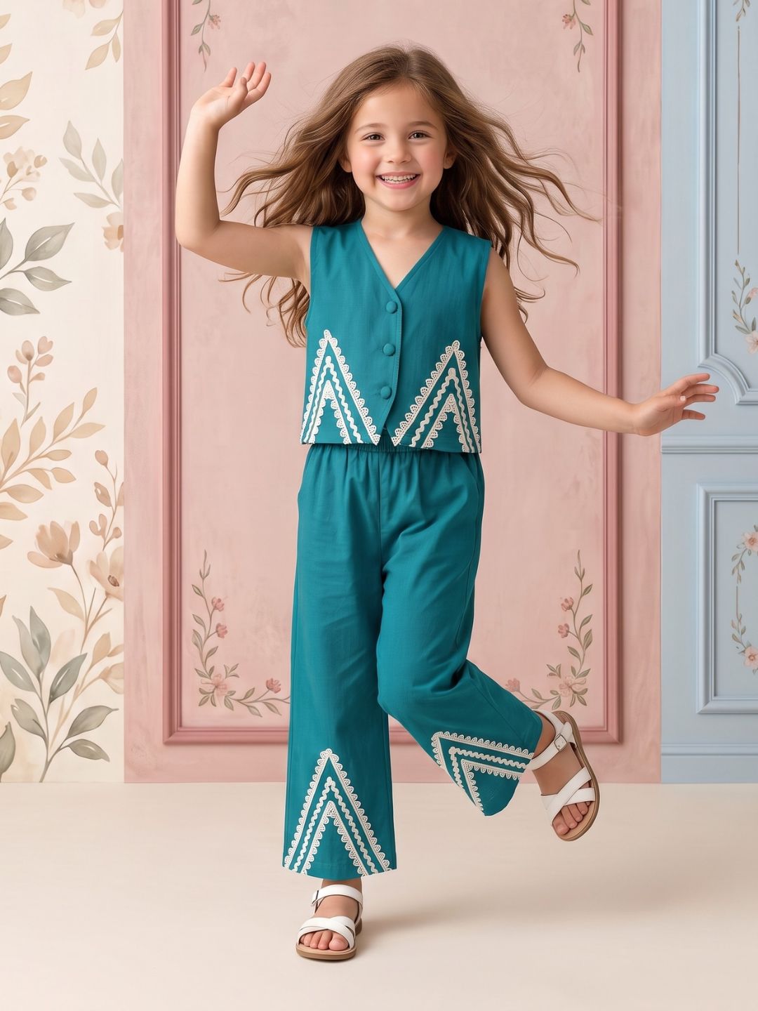 Firozi Solid with lace Pure Cotton Co-Ords Set For Girls