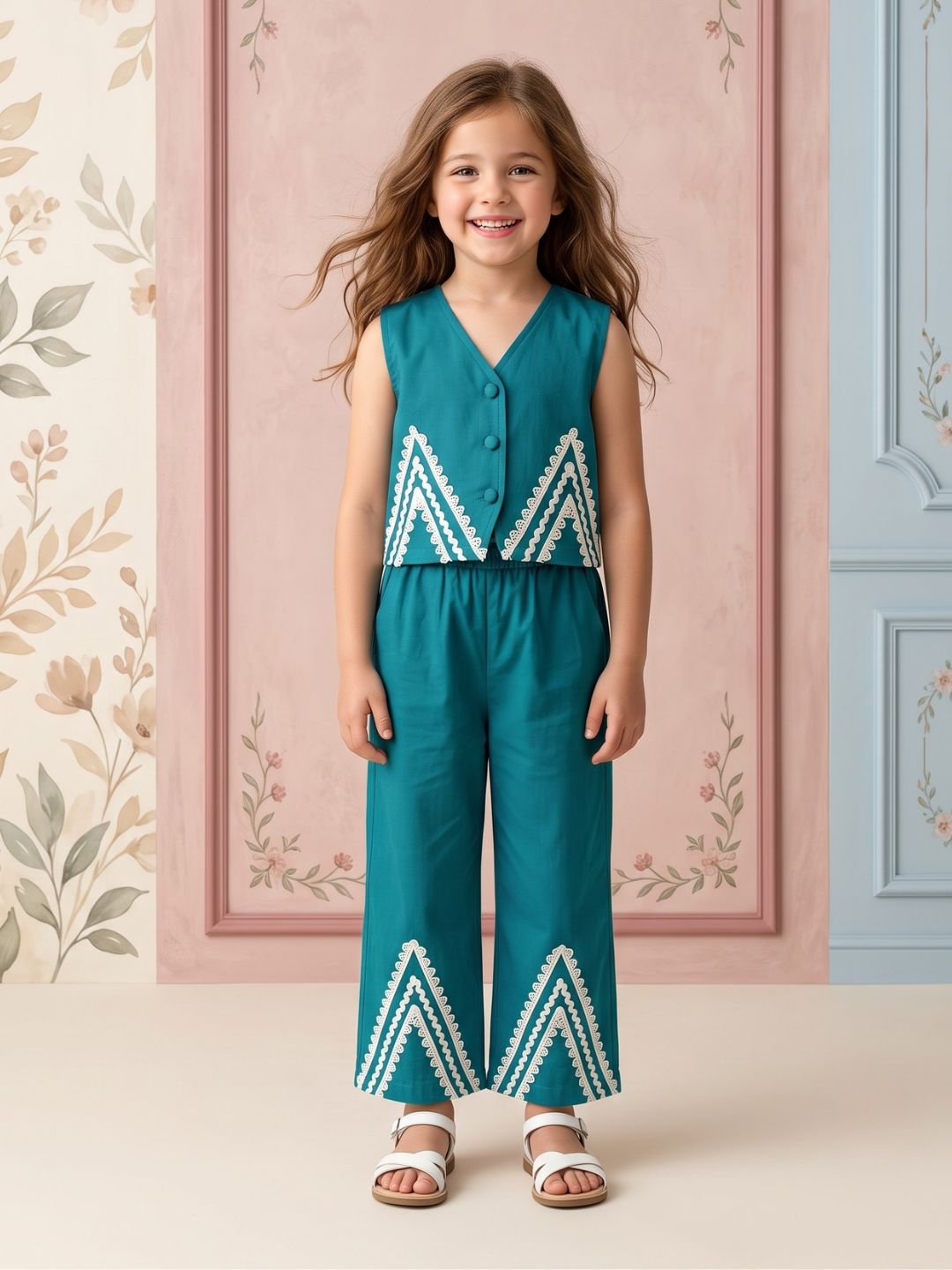 Firozi Solid with lace Pure Cotton Co-Ords Set For Girls