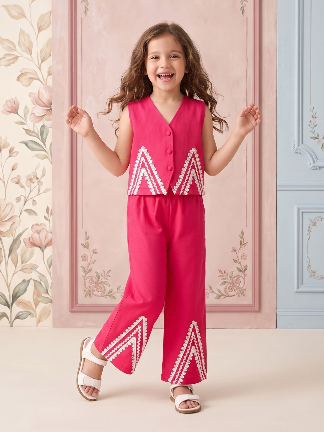 Pink Solid with lace Pure Cotton Co-Ords Set For Girls